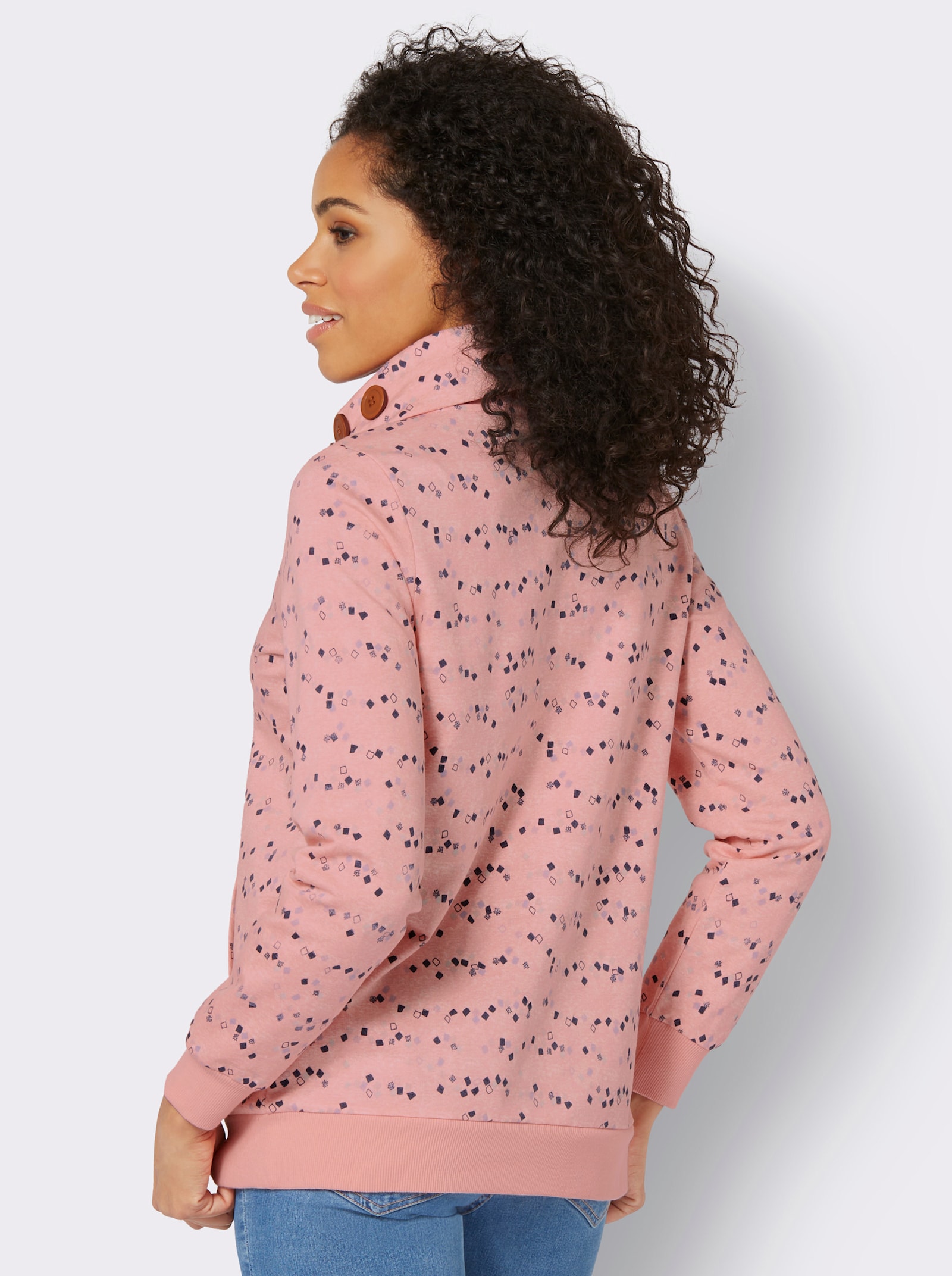 Sweatshirt mit Zierknöpfen - rosenquarz-marine-bedruckt