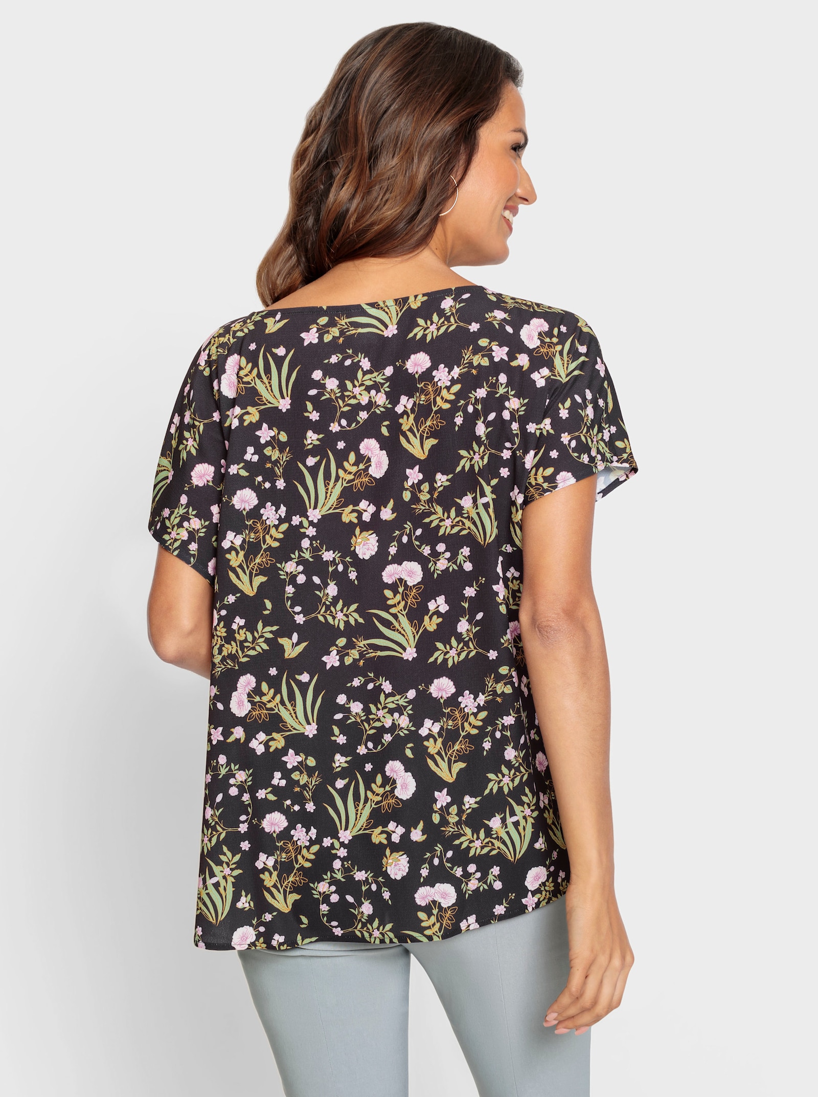 Druckbluse in pflegeleichter Qualität - schwarz-rosé-bedruckt