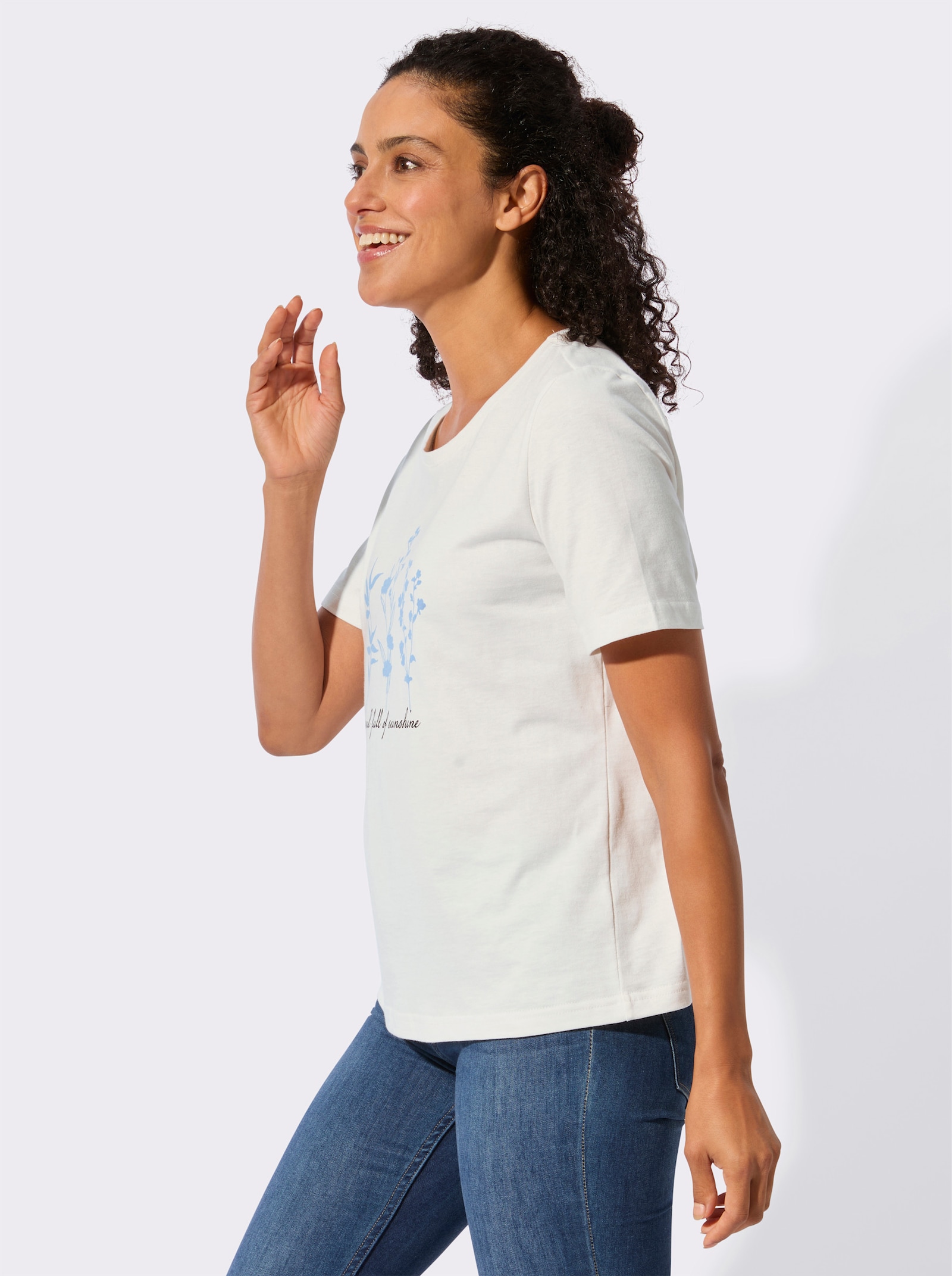 Kurzarmshirt mit floralem Motiv - ecru-himmelblau-bedruckt