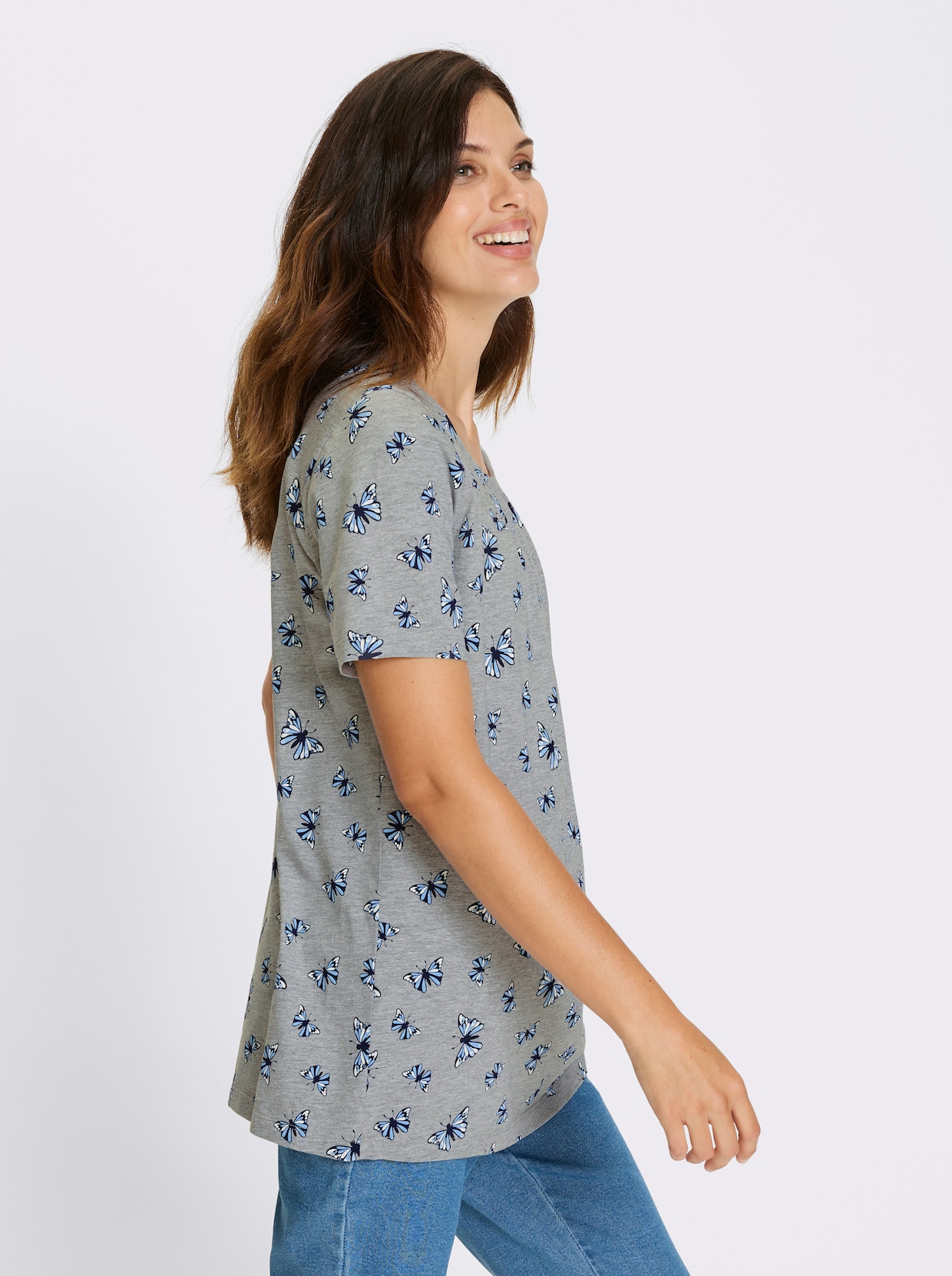 Longshirt - grau-meliert-marine-bedruckt