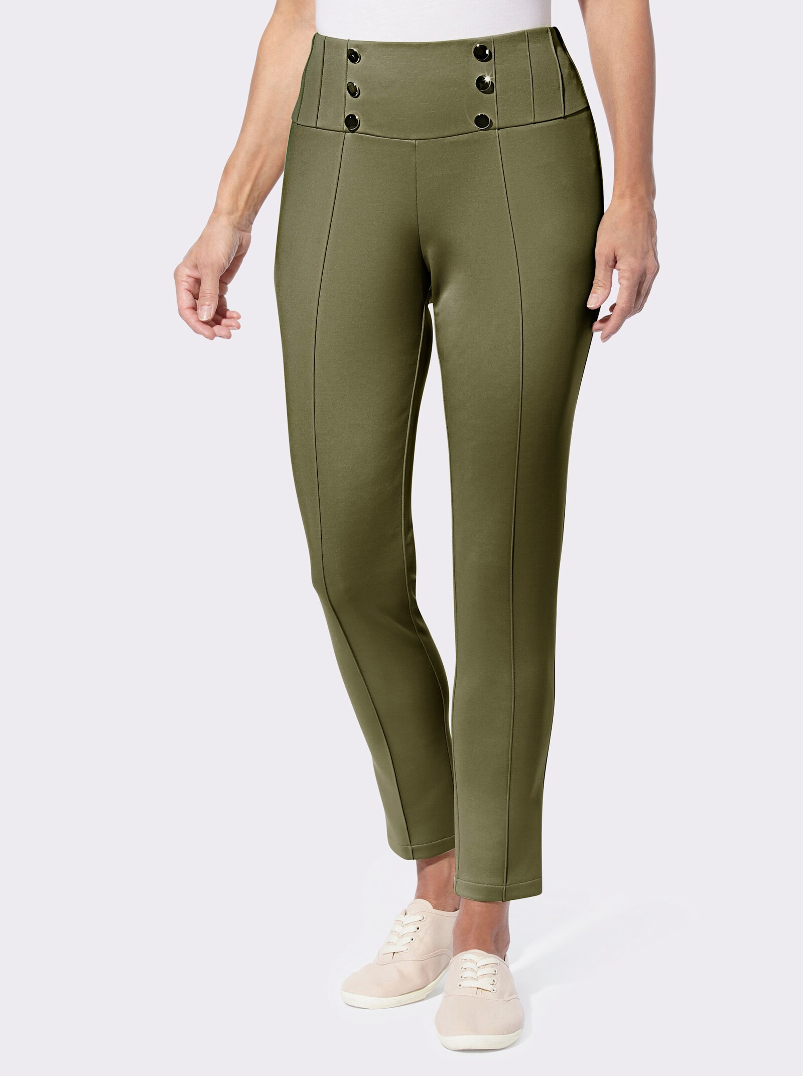 Jerseybroek met sierbiezen - olijf