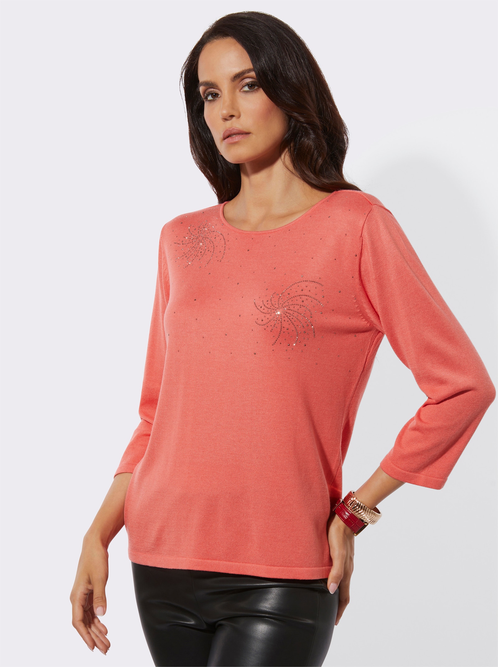 Feinstrickpullover mit Metallsteinchen - koralle