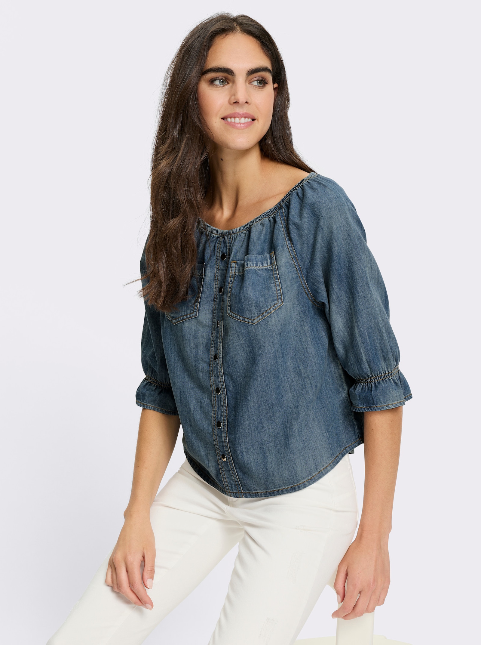 heine Jeansbluse mit Carmenausschnitt - blue-bleached
