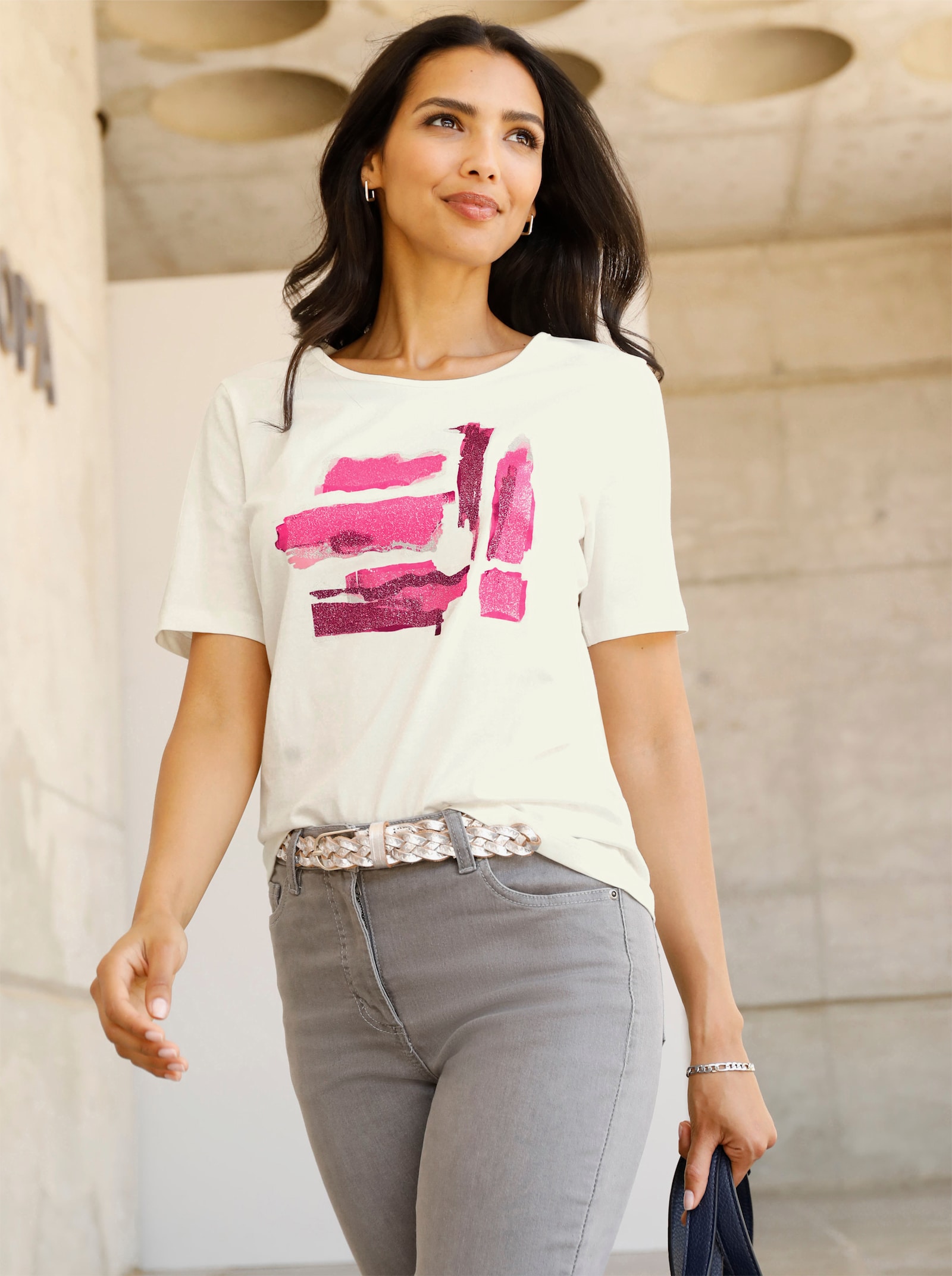 Kurzarmshirt mit silberfarbigen Akzenten - ecru-fuchsia