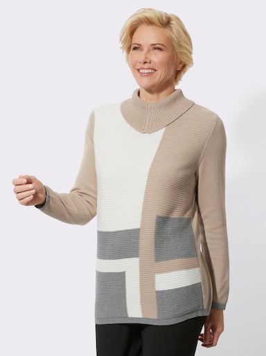 Rollkragenpullover mit halsfernem Rollkragen - sesam-grau-gemustert