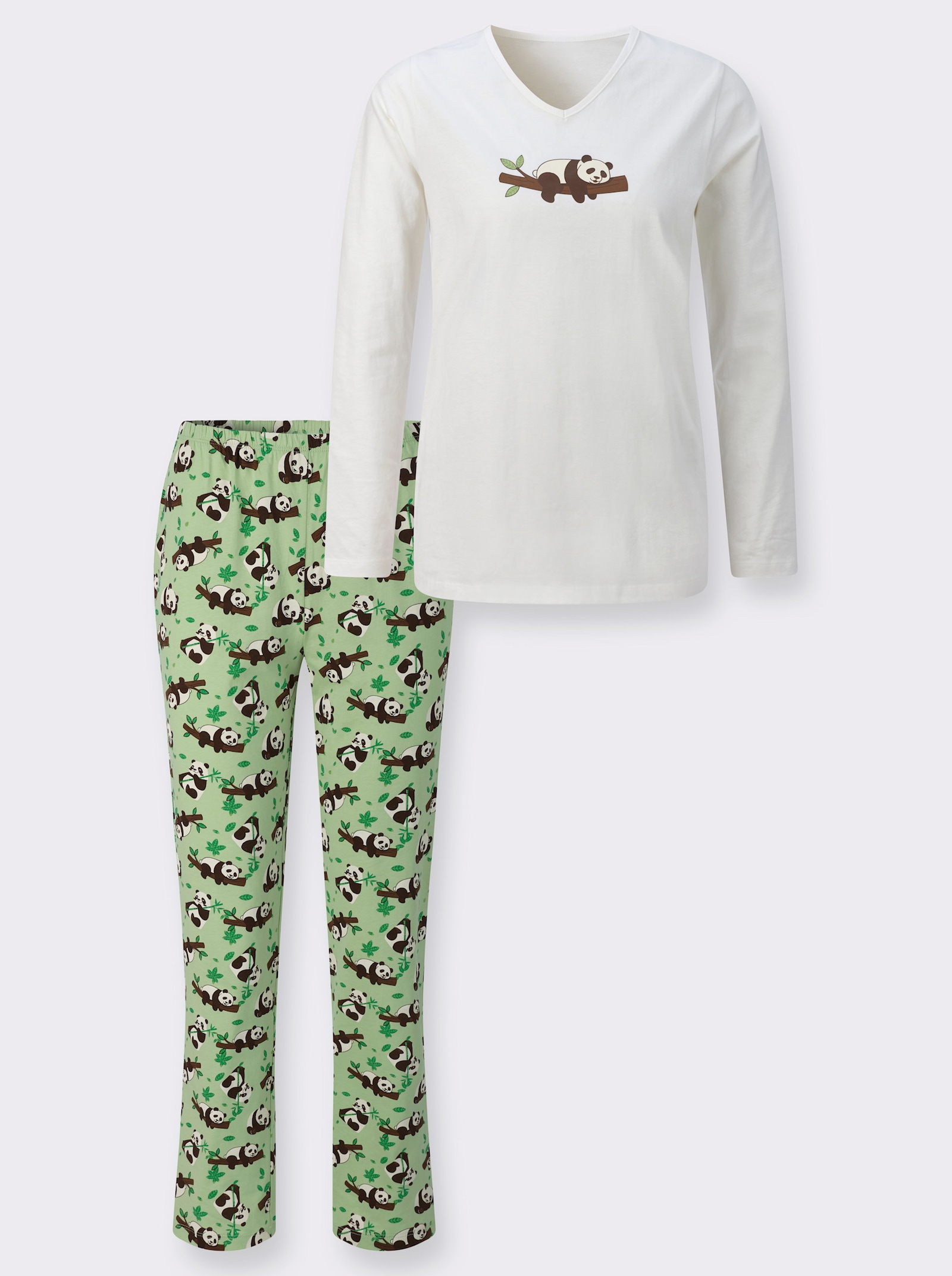 Schlafanzug mit Panda-Motiv - ecru-apfel-bedruckt