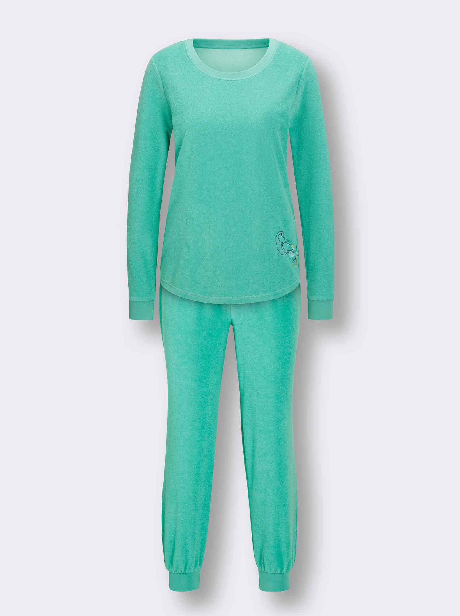 wäschepur Schlafanzug mit Pfauen-Stickerei - blaugrün-royalblau