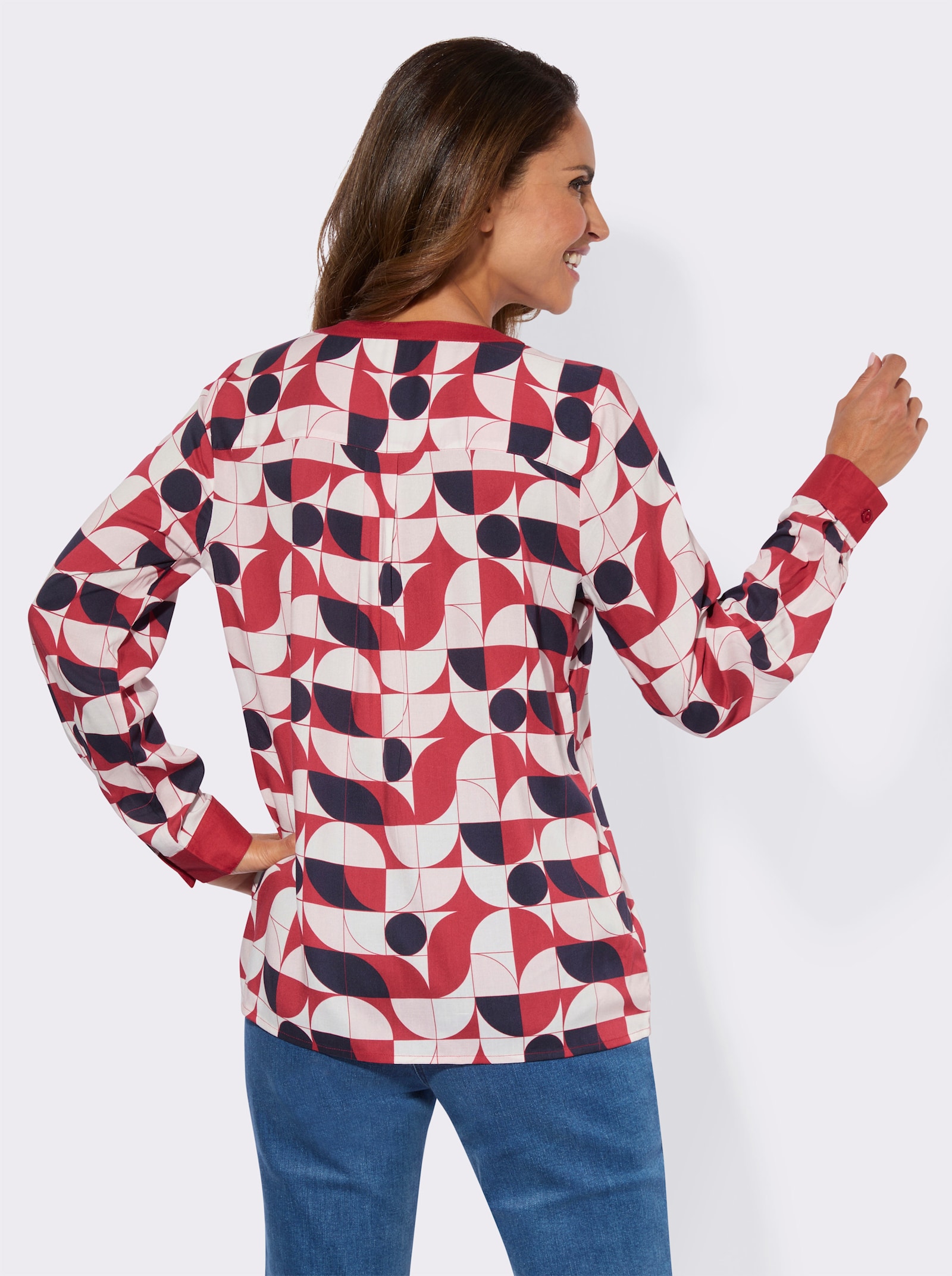 Druckbluse mit Kellerfalte hinten - rot-marine-bedruckt