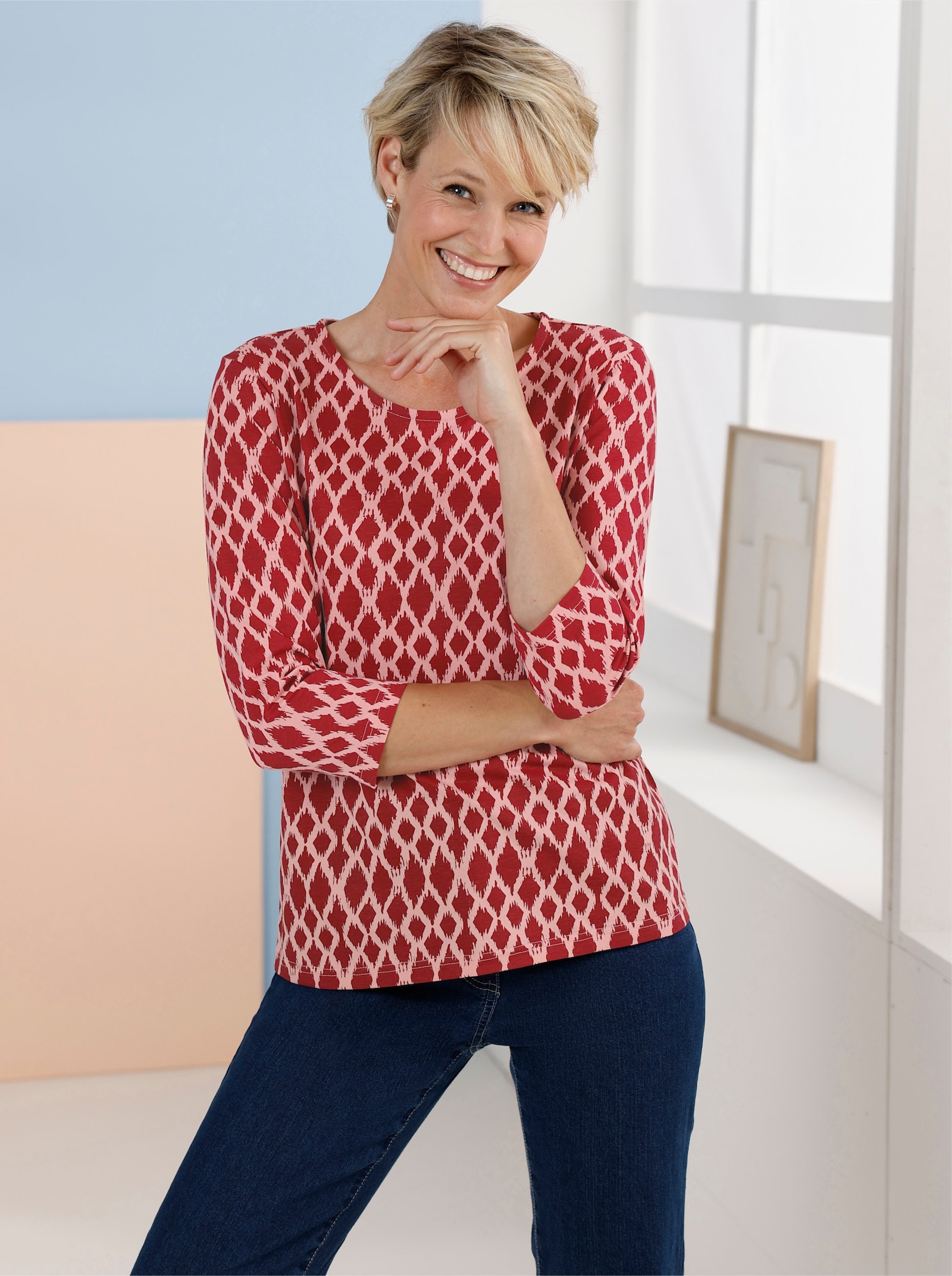  3/4-Arm-Shirt mit modischem Druckmuster - kirsche-rosenquarz-bedruckt