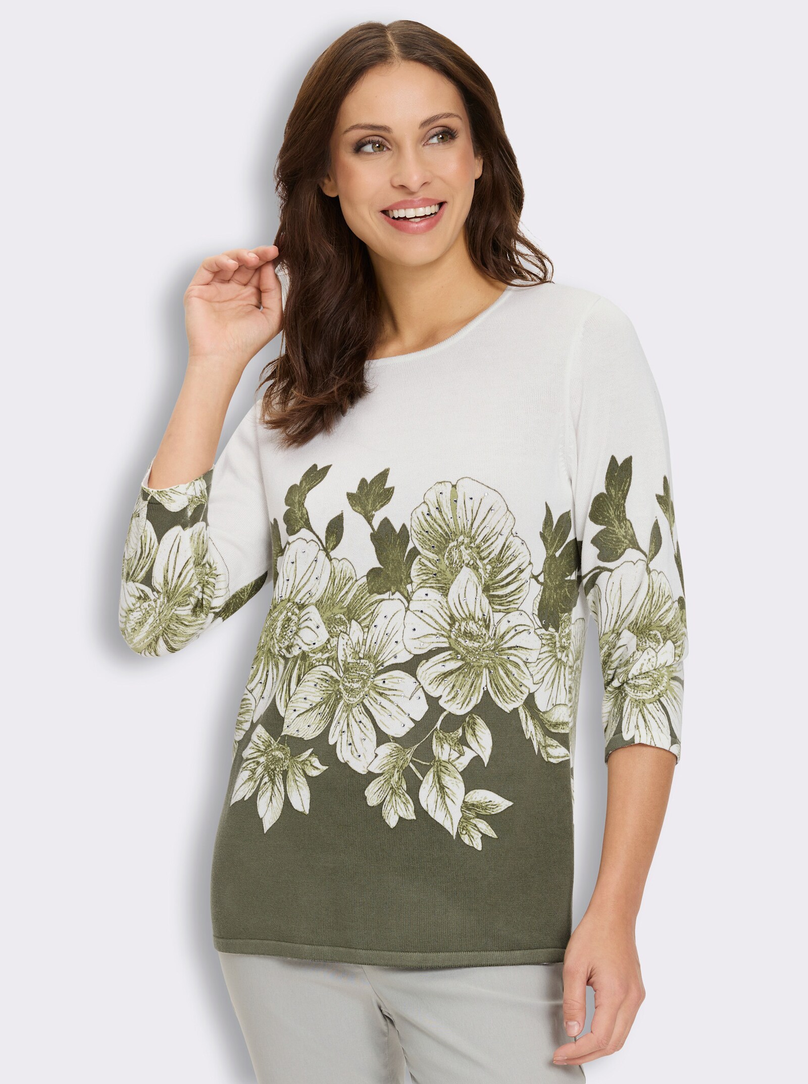3/4-Arm-Pullover mit platziertem Druckdessin und Glitzersteinchen - weiß-khaki-bedruckt