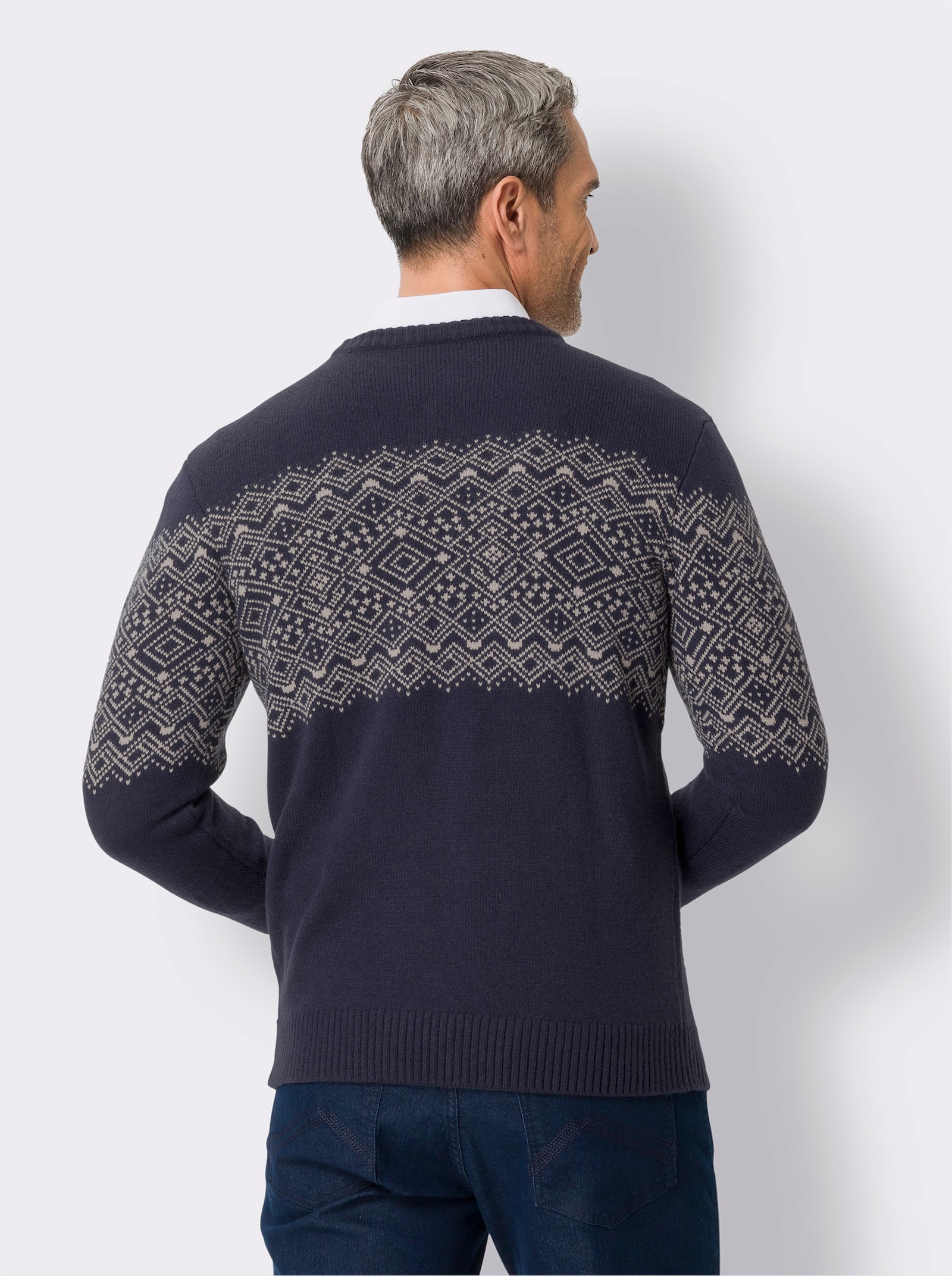 Pulóver s okrúhlym výstrihom a nórskym vzorom - námornícka modrá a béžová