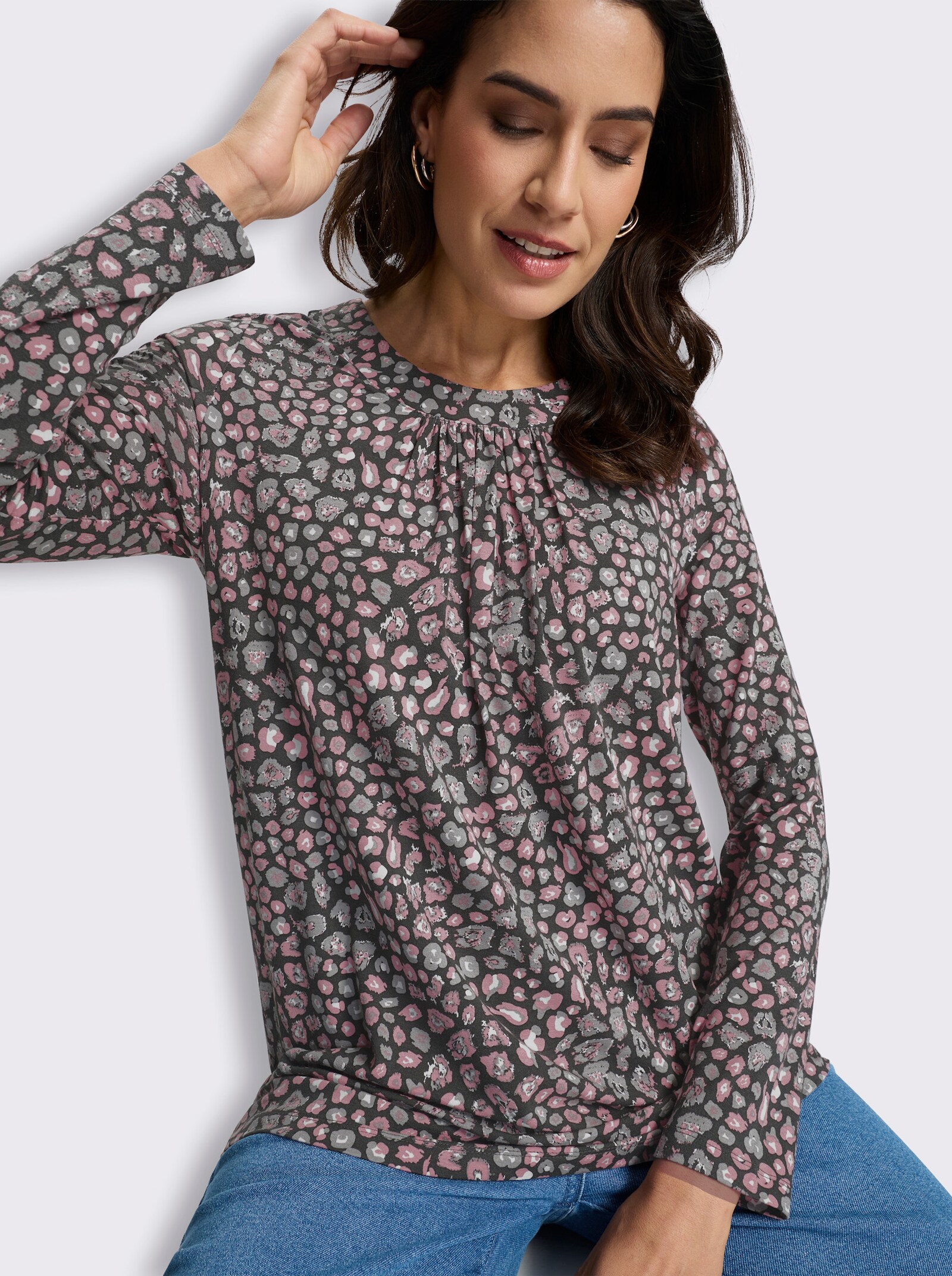 Tunikashirt mit Raffung am Ausschnitt - graphit-altrosa-bedruckt