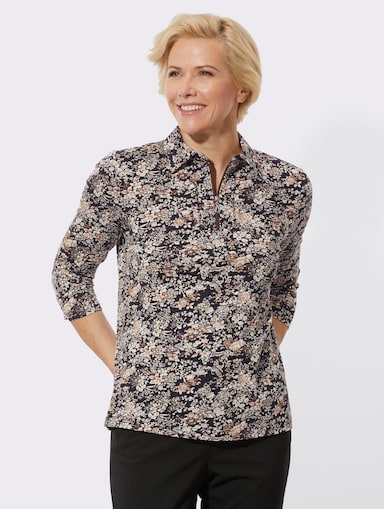 Poloshirt mit Viskose in ECOVERO-Qualität - camel-schwarz-bedruckt