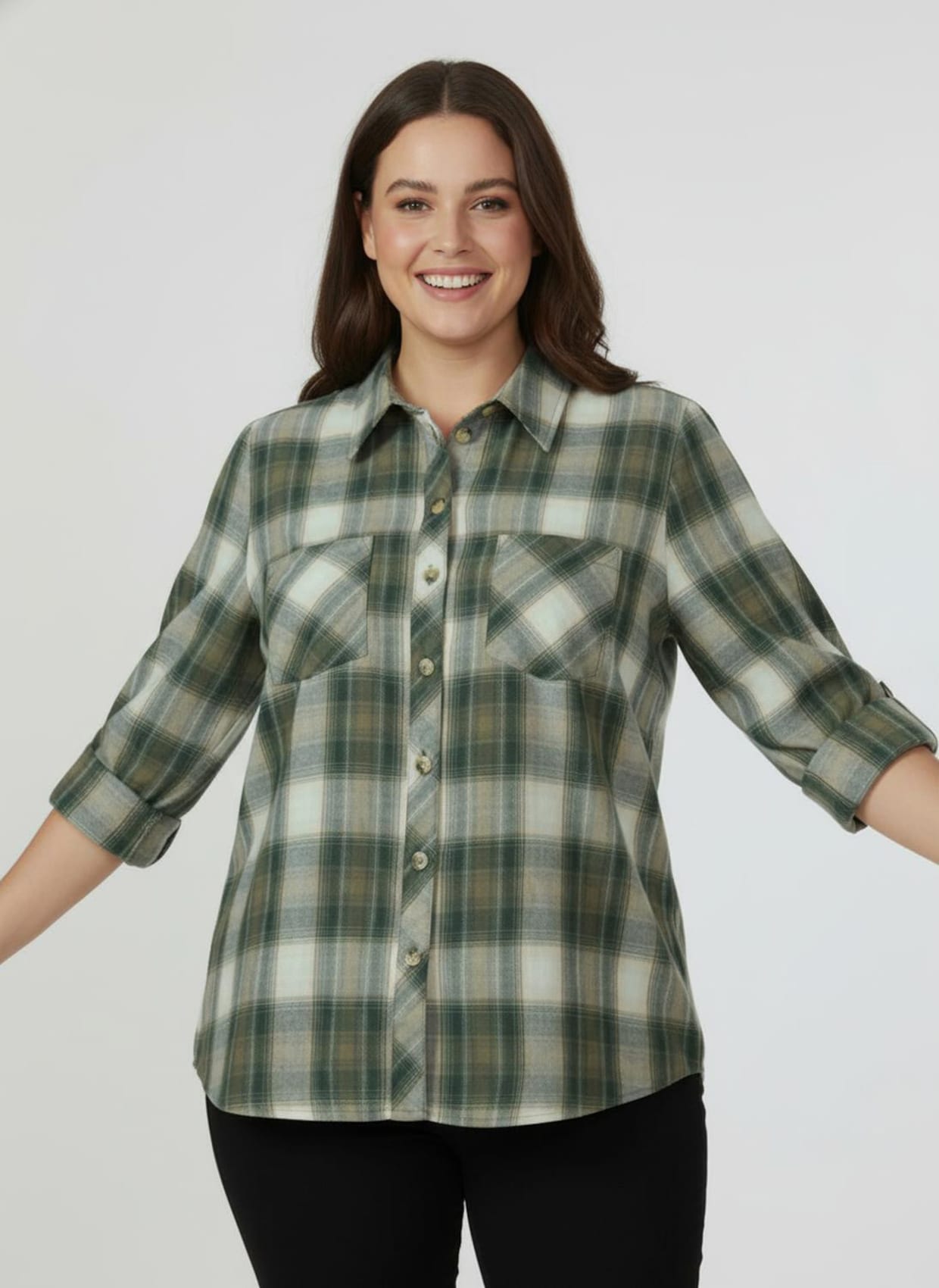 Flanellbluse im Karomuster - oliv-ecru-kariert