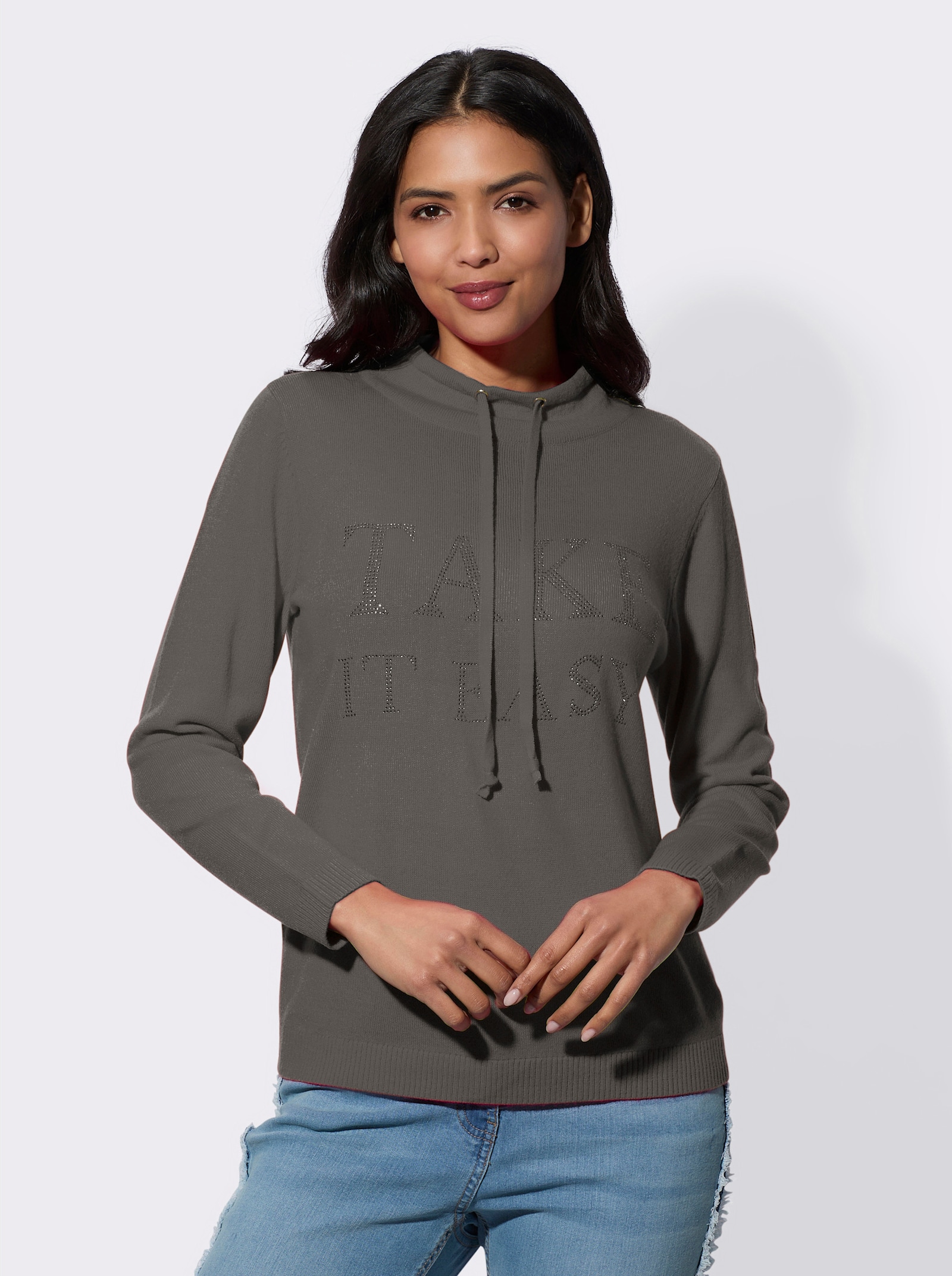 Långärmad tröja med stenapplikationer - antracit