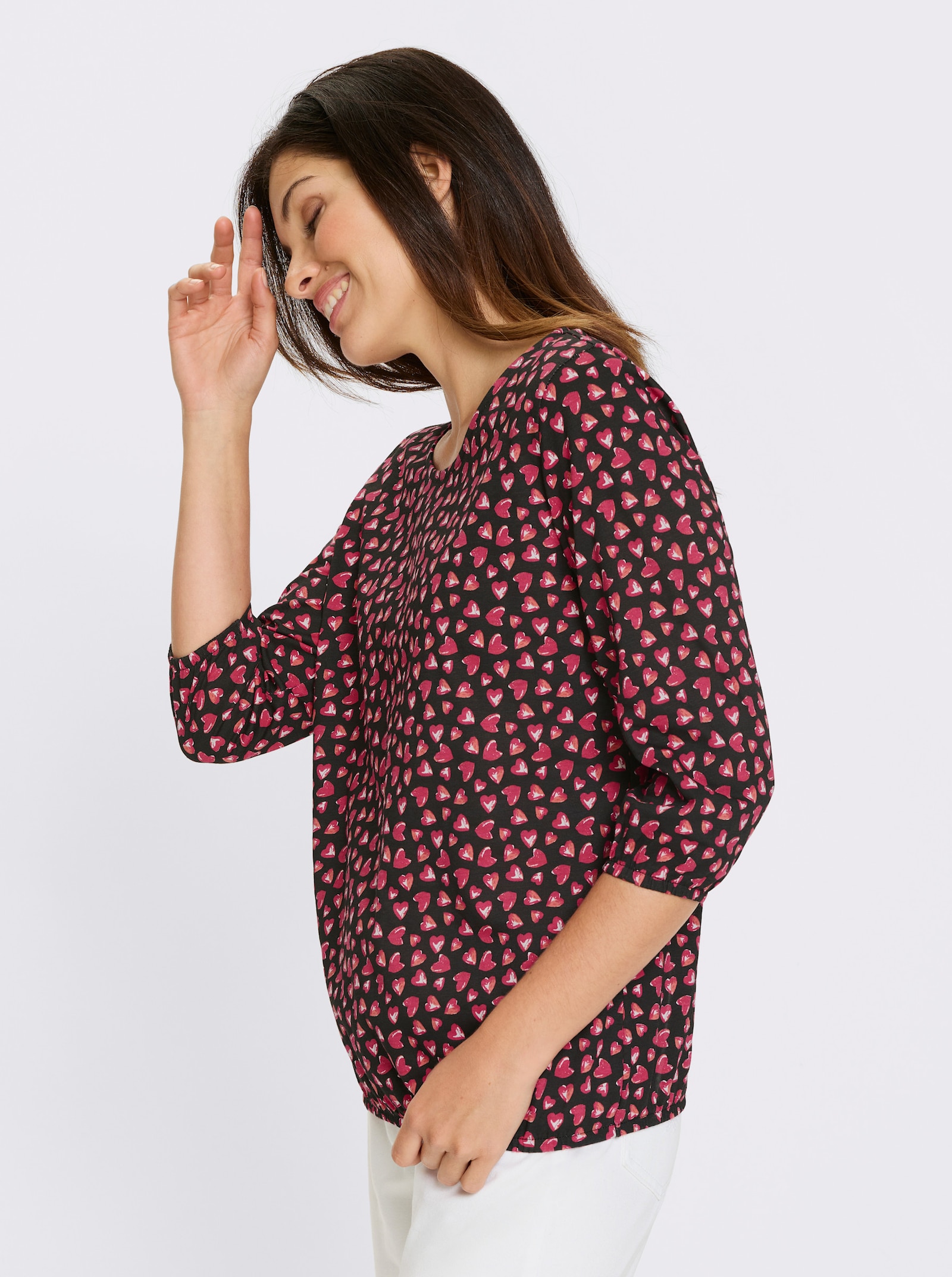 Shirt met 3/4-mouwen en hartjespatroon - zwart/pink geprint