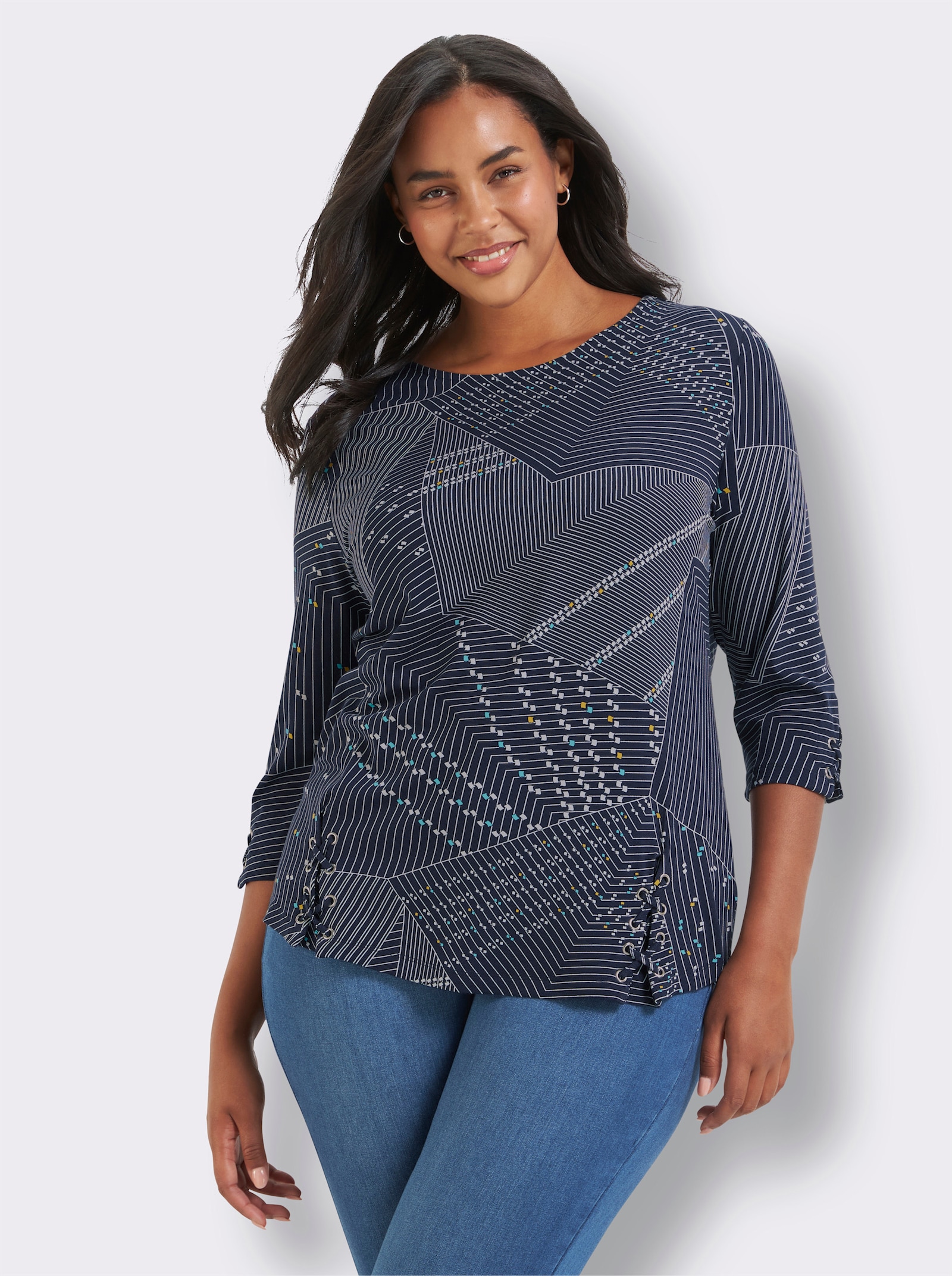 Print-Shirt mit Seitenschlitzen - marine-weiß-bedruckt