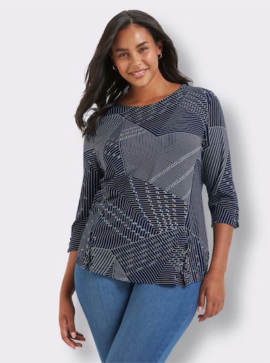 Print-Shirt mit Seitenschlitzen - marine-weiß-bedruckt