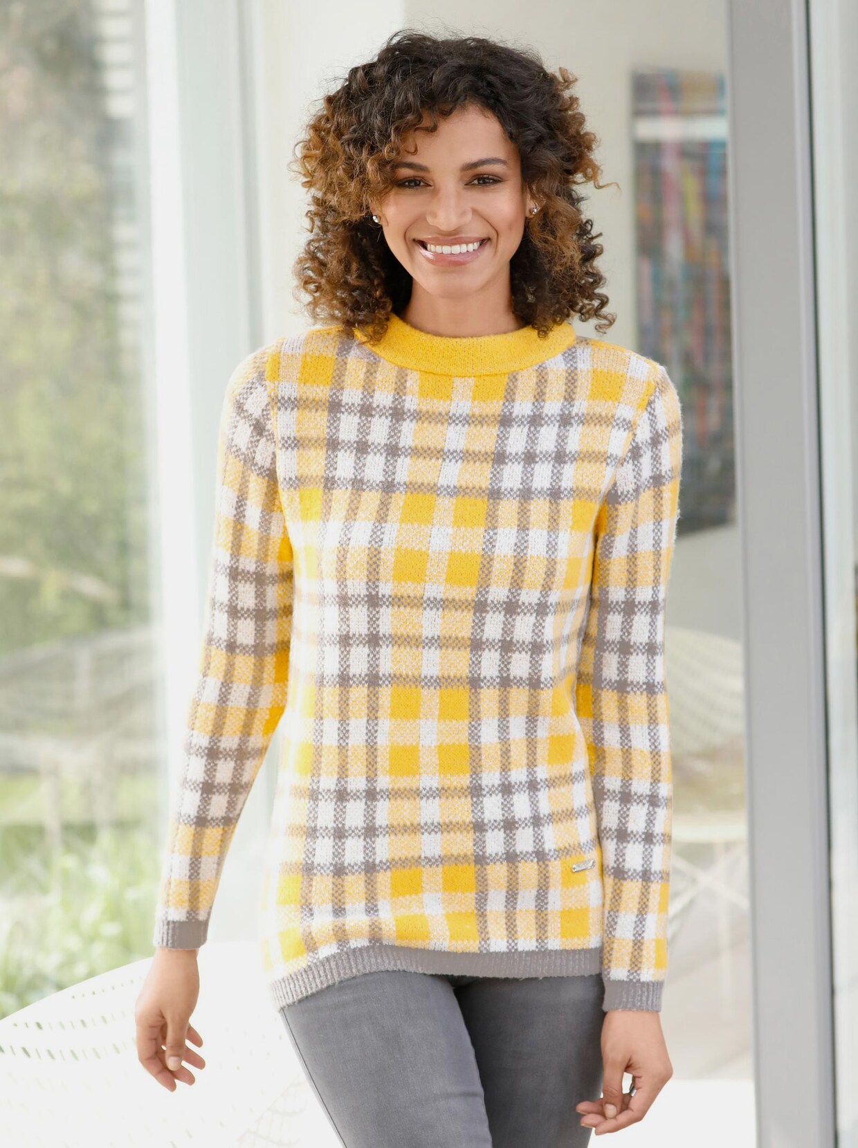 Jacquardpullover - grau-gelb-kariert
