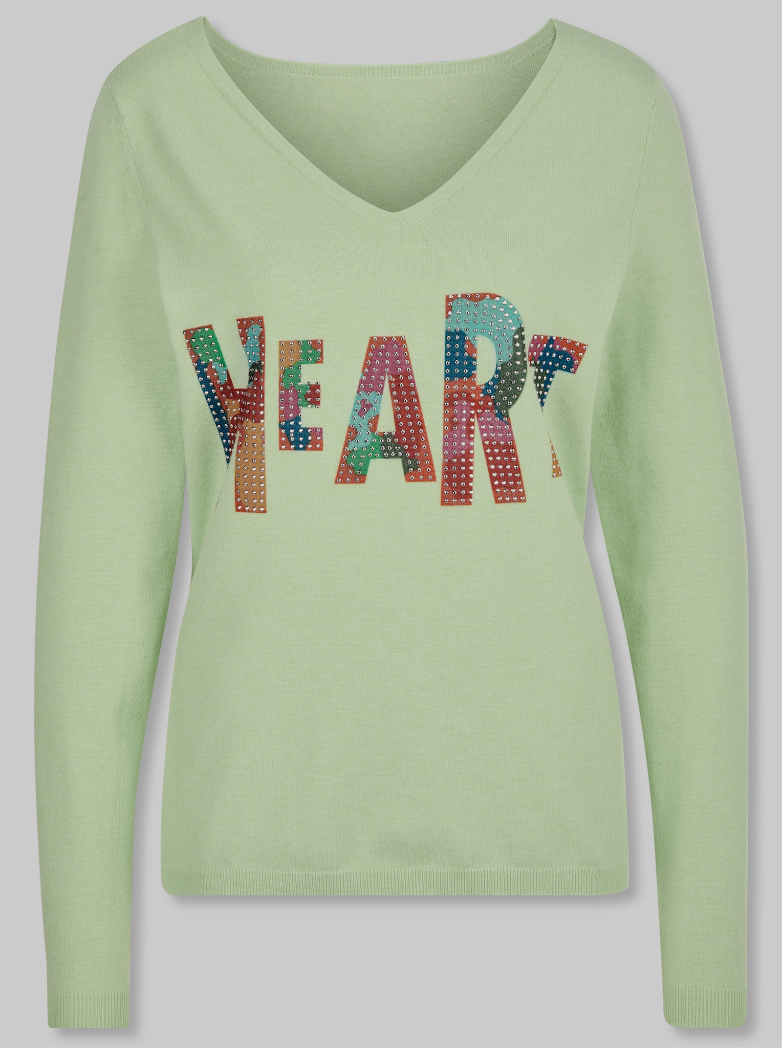 heine Pullover mit Schriftzug und Glitzersteinchen - reseda
