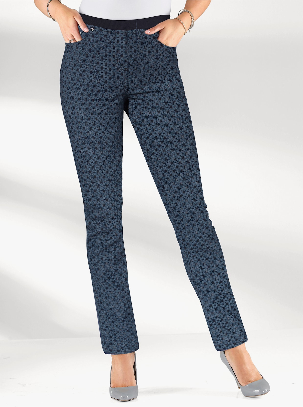 Comfortjeans met geribde comfortband van tricot - dark blue bedrukt