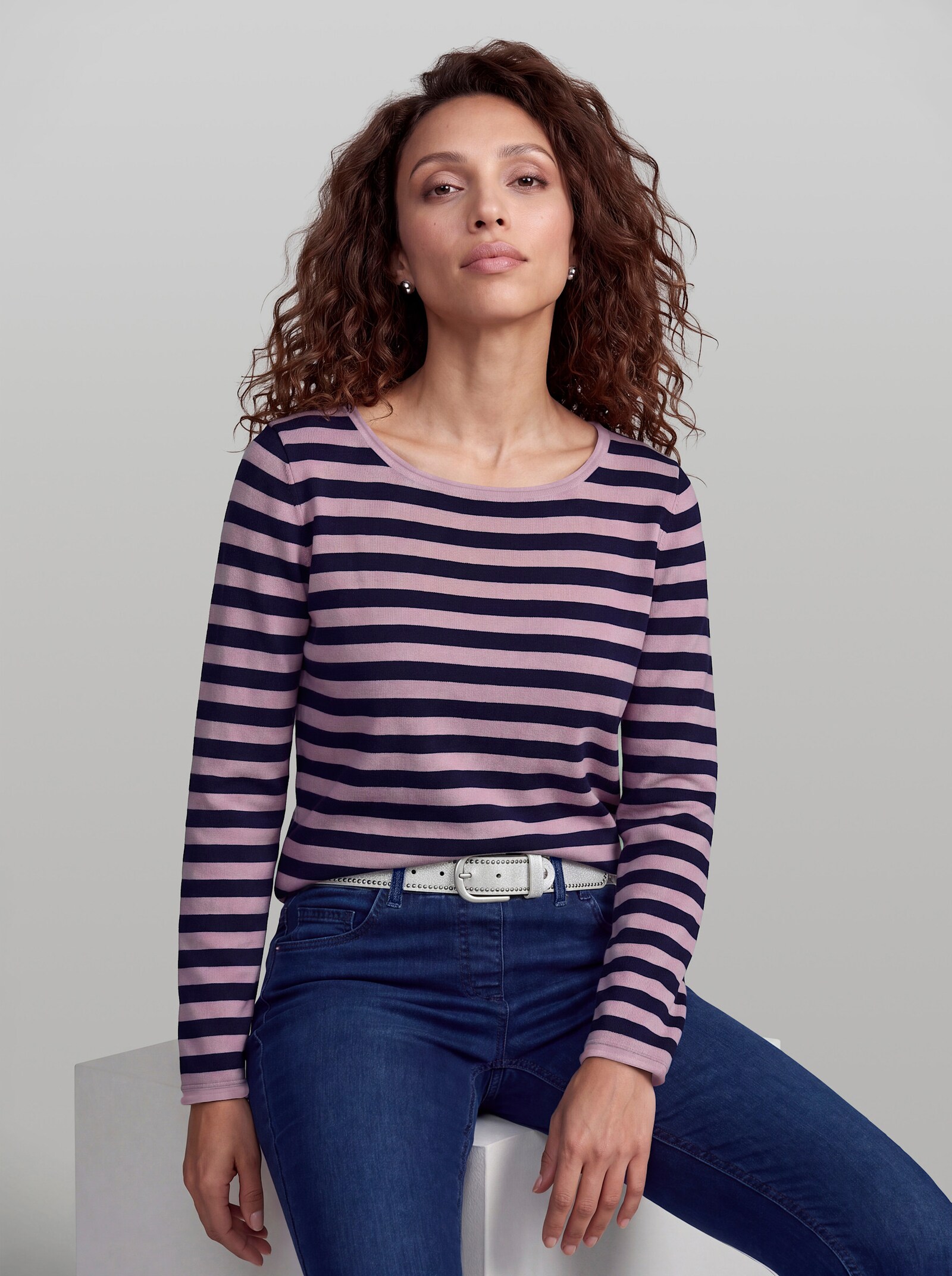 heine Feinstrickpullover mit Rollbündchen - marine-rosé-geringelt