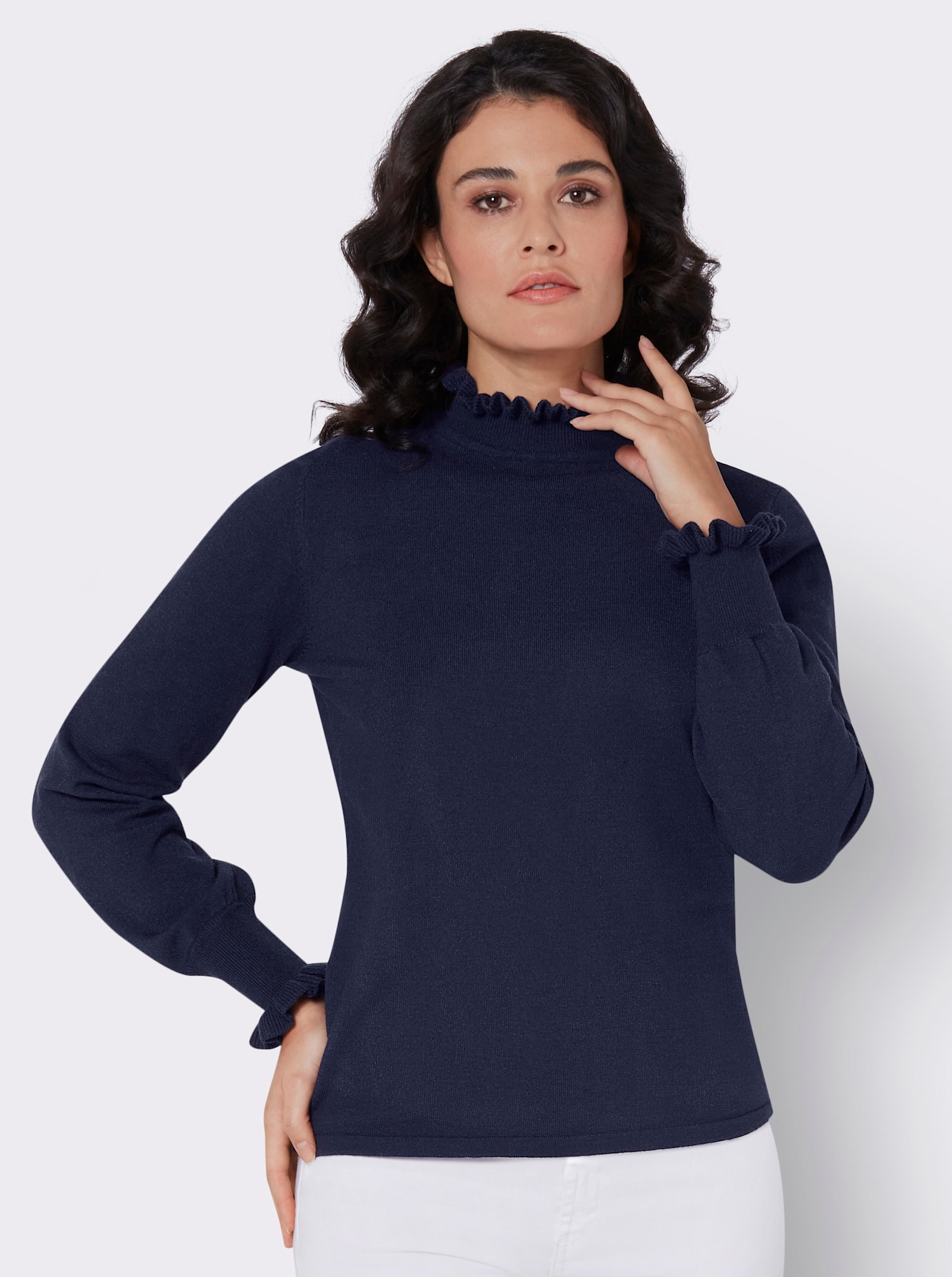  Stehkragenpullover mit Rüschen - marine