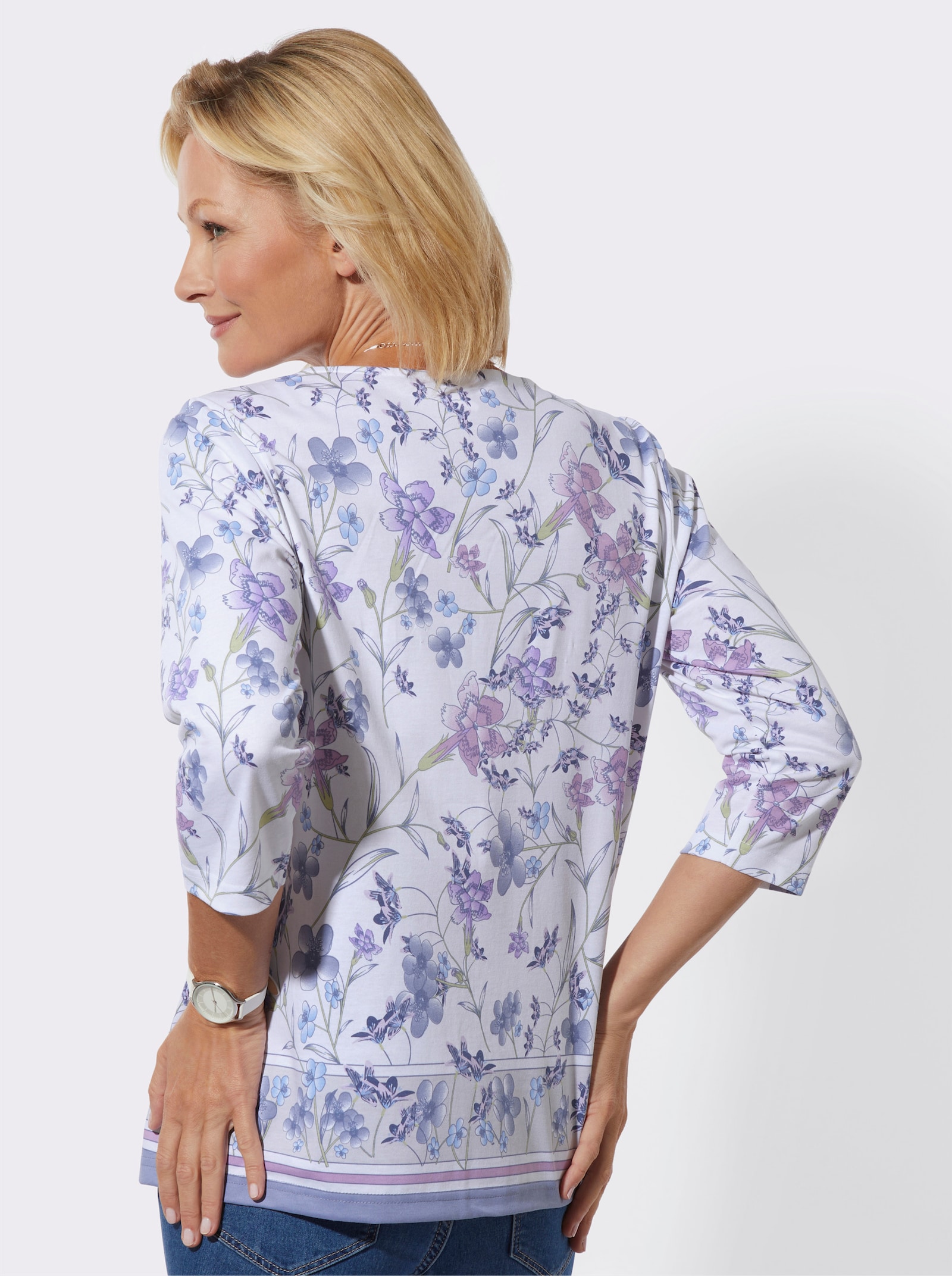 Rundhalsshirt in Baumwoll-Qualität - orchidee-lindgrün-bedruckt