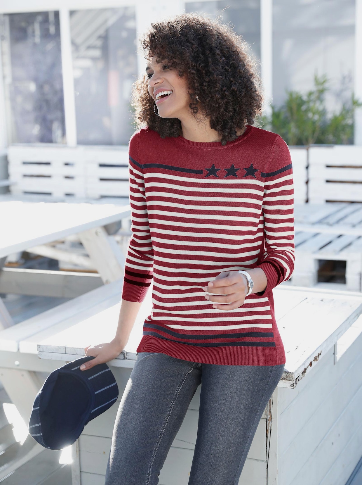 Pull encolure ronde - rouge-blanc à rayures