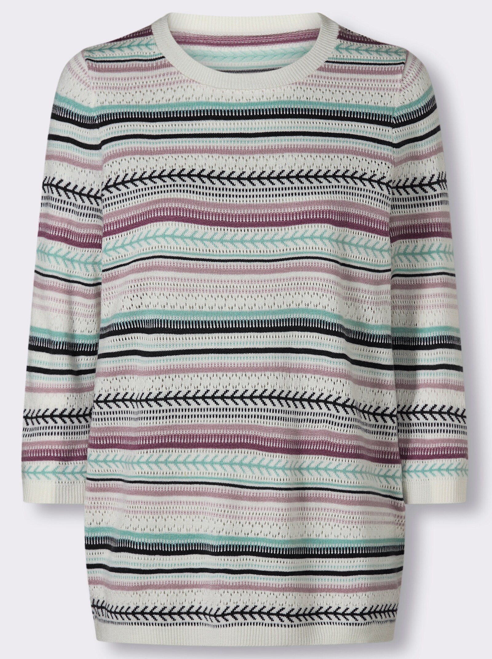 Ajourpullover im Ringel-Dessin - ecru-mauve-geringelt