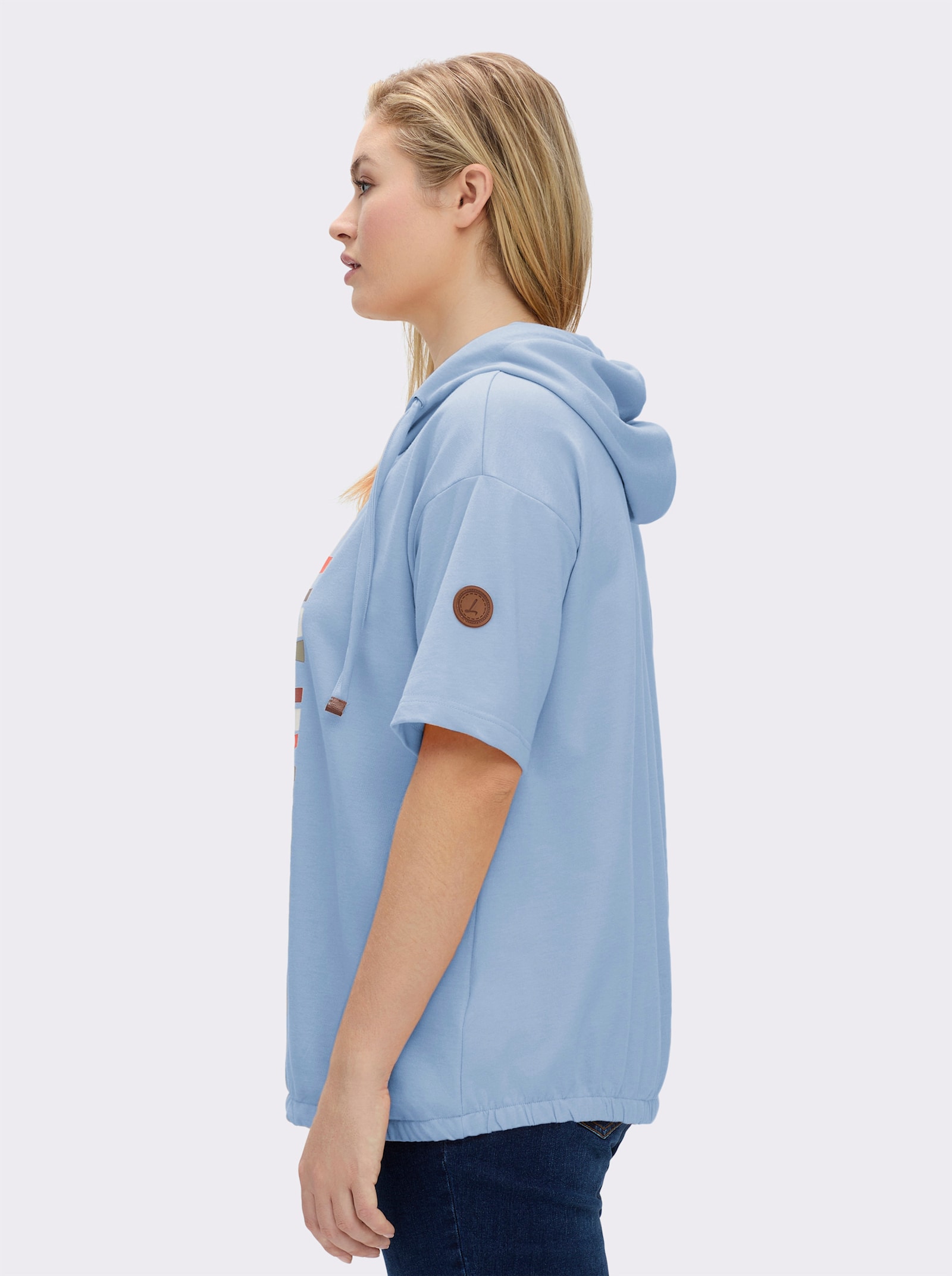 Kapuzensweatshirt mit elastischem Saum - eisblau-ecru-bedruckt