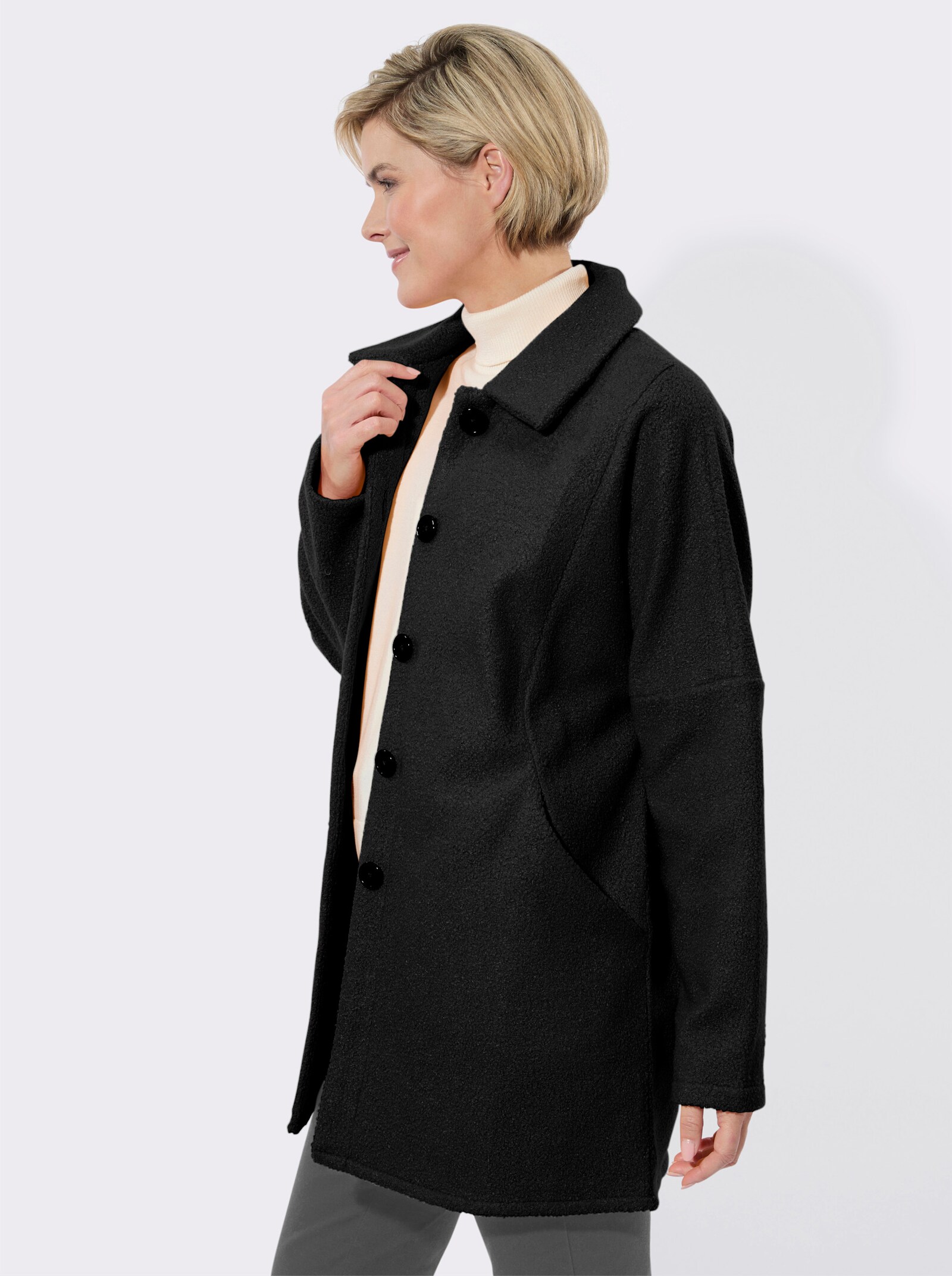 Longjacke mit Fledermausärmeln, Bouclé-Qualität - schwarz