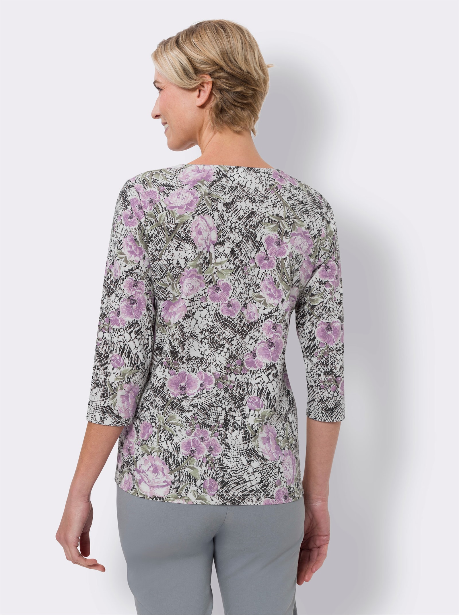 3/4-Arm-Shirt im floralen Dessin - ecru-schwarz-bedruckt