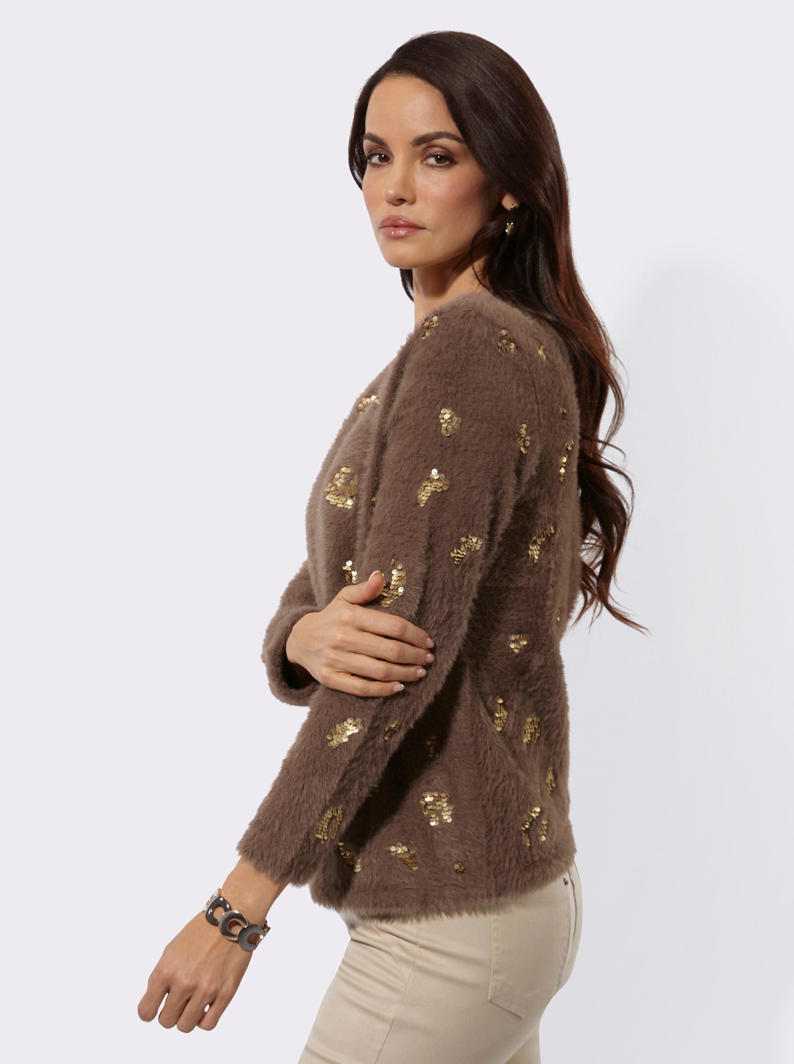 Langarm-Pullover mit Pailletten-Verzierung - schoko