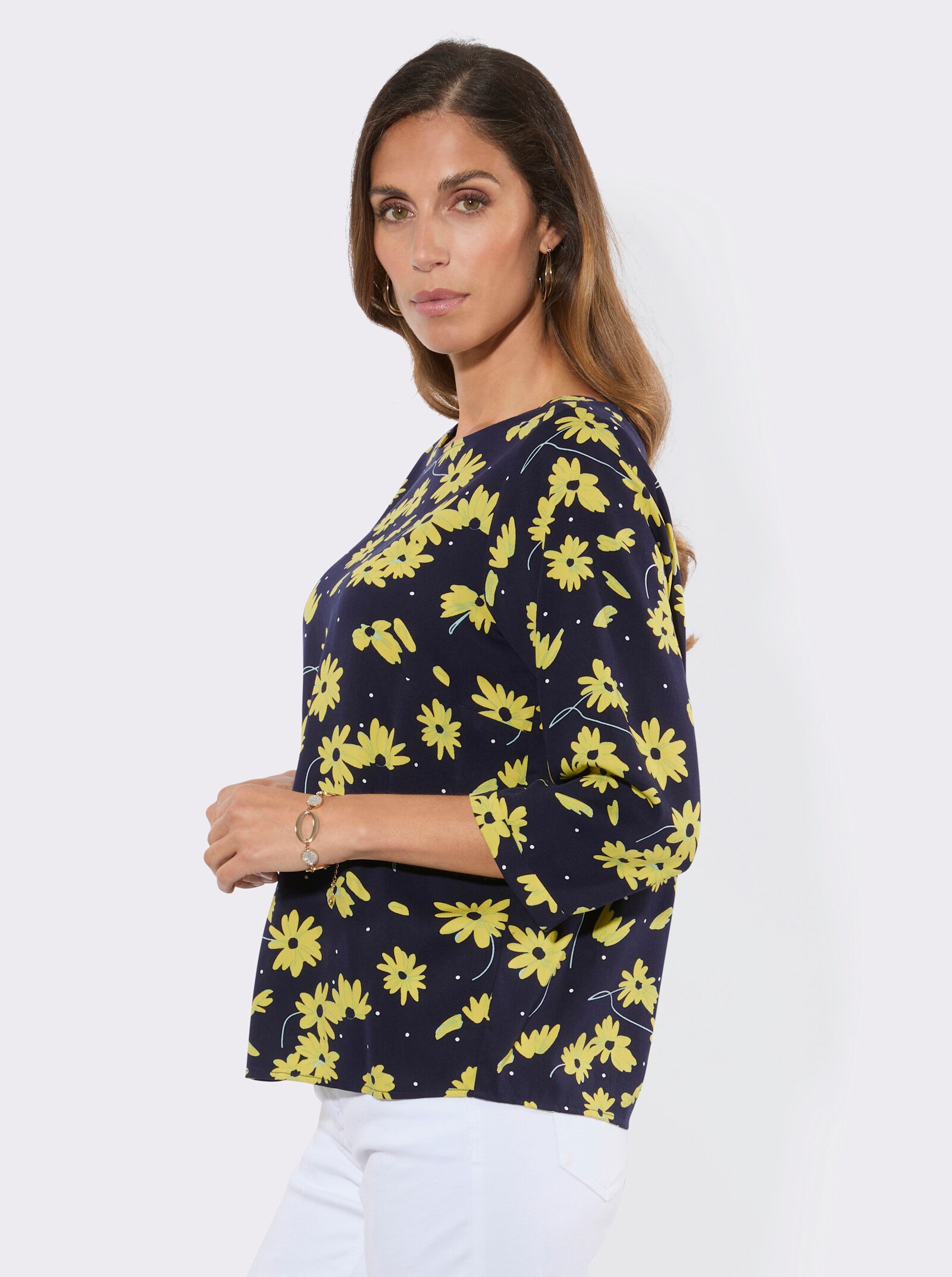 Druckbluse mit U-Boot-Ausschnitt - marine-limone-bedruckt