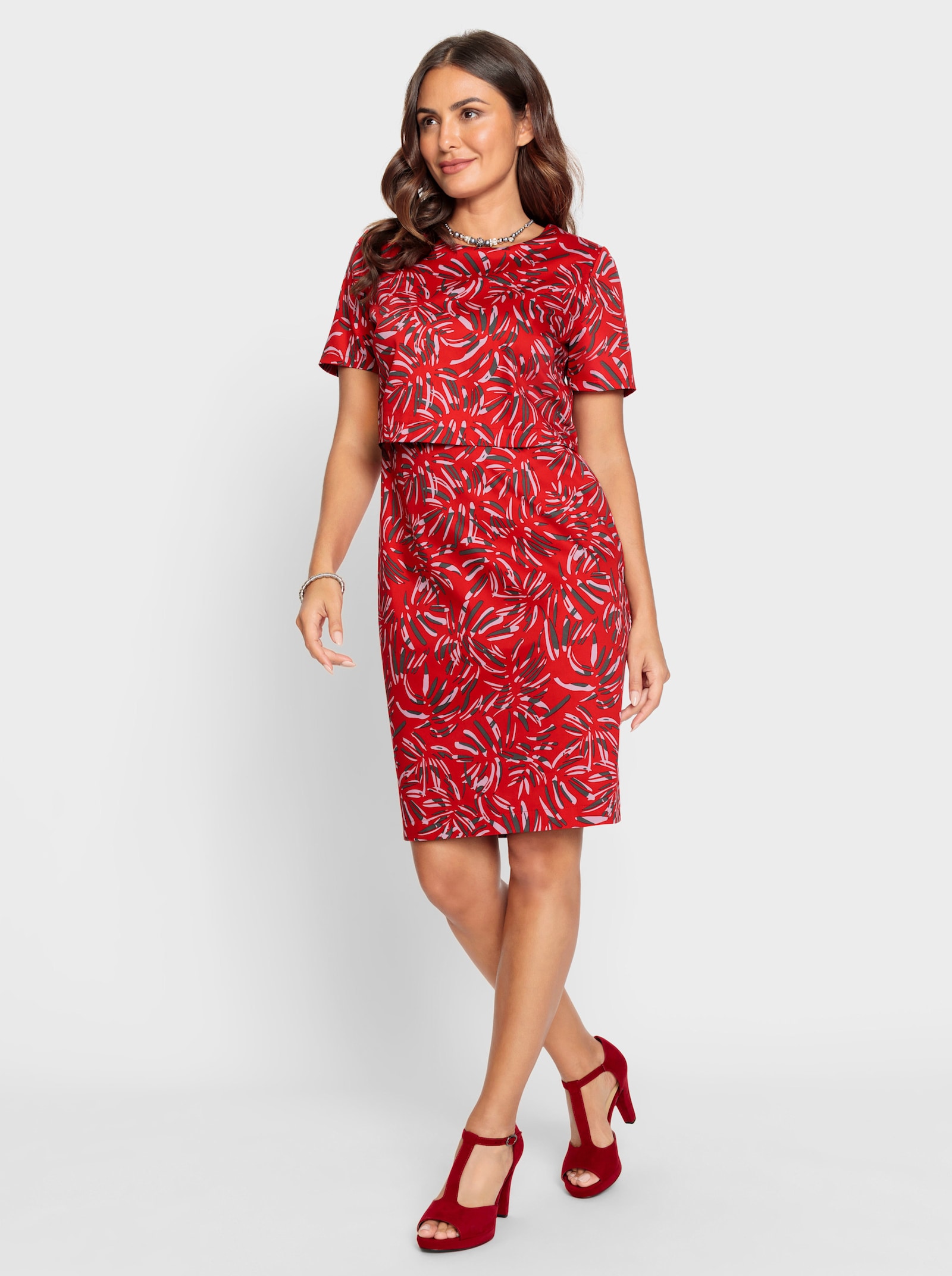 Jurk met print van katoen - rood-grafiet-bedrukt