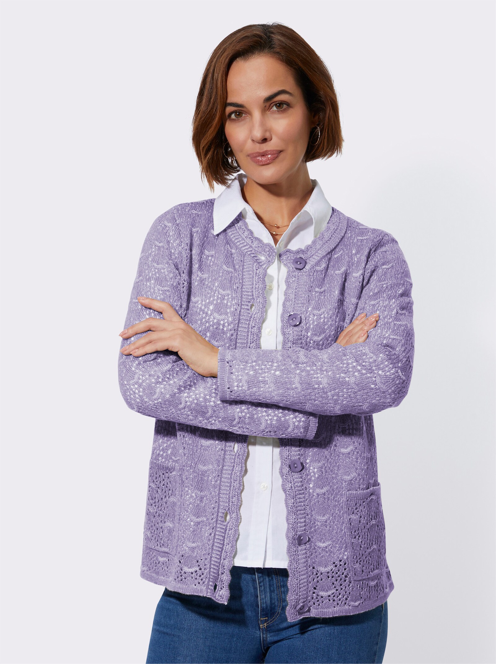 Ajourstrickjacke mit gebogten Abschlüssen - lavendel-meliert