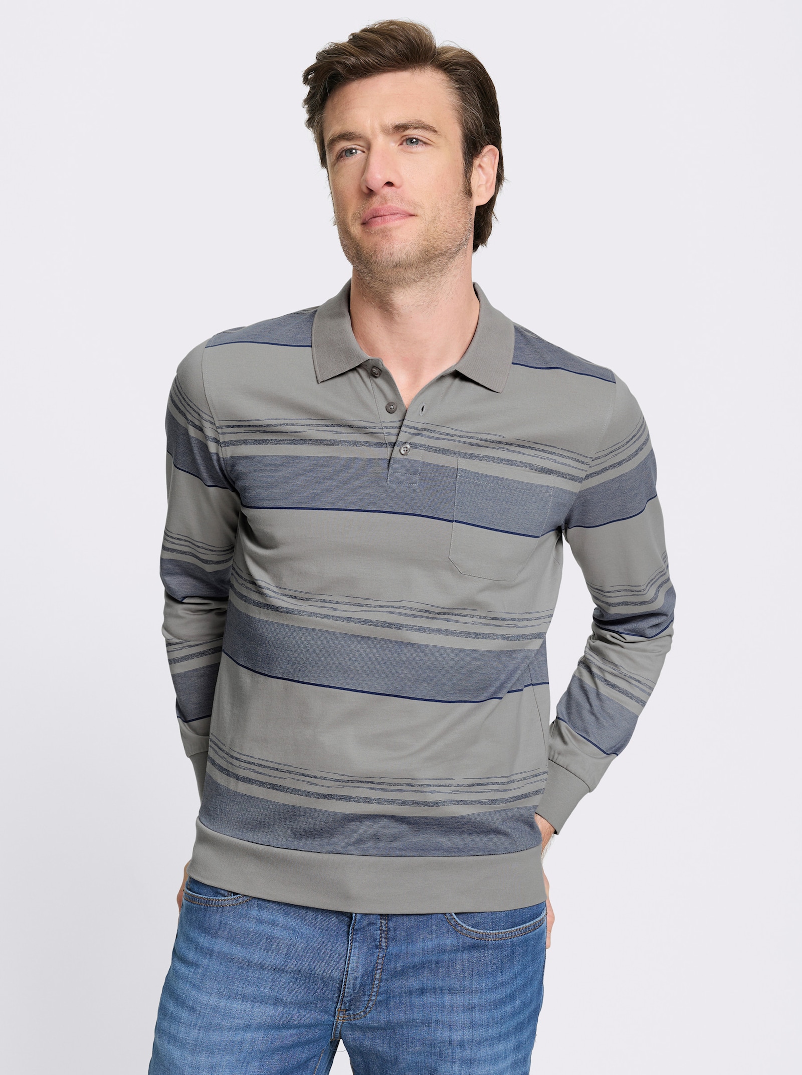 Marco Donati Langarm-Poloshirt mit Rippbündchen - steingrau-gemustert