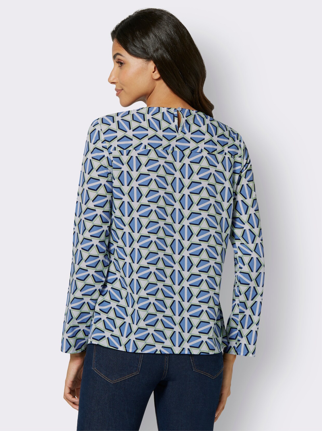 Comfortabele blouse - middenblauw/resedagroen gedessineerd
