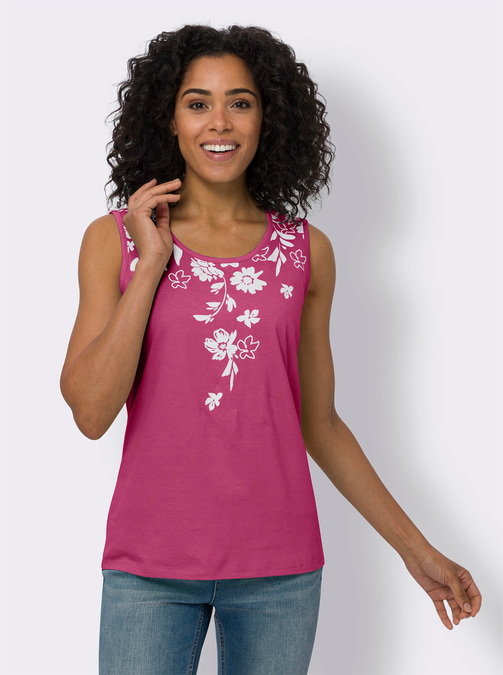 Shirttop mit platziertem Blüten-Druck - fuchsia-weiss
