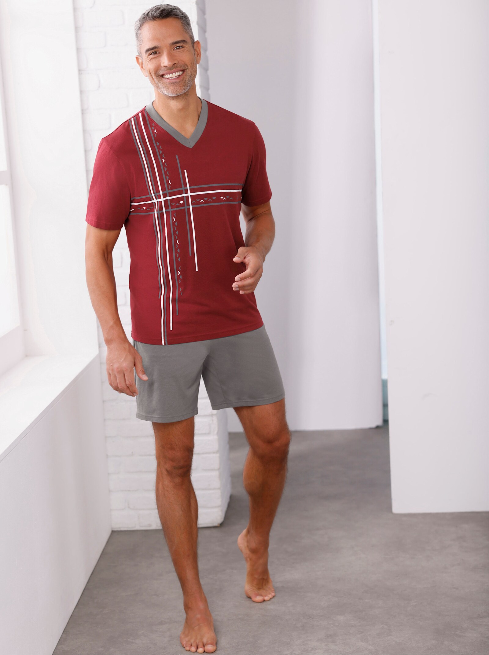 Krátké pyžamo s grafickým potiskem - tmavěčervená-antracitová