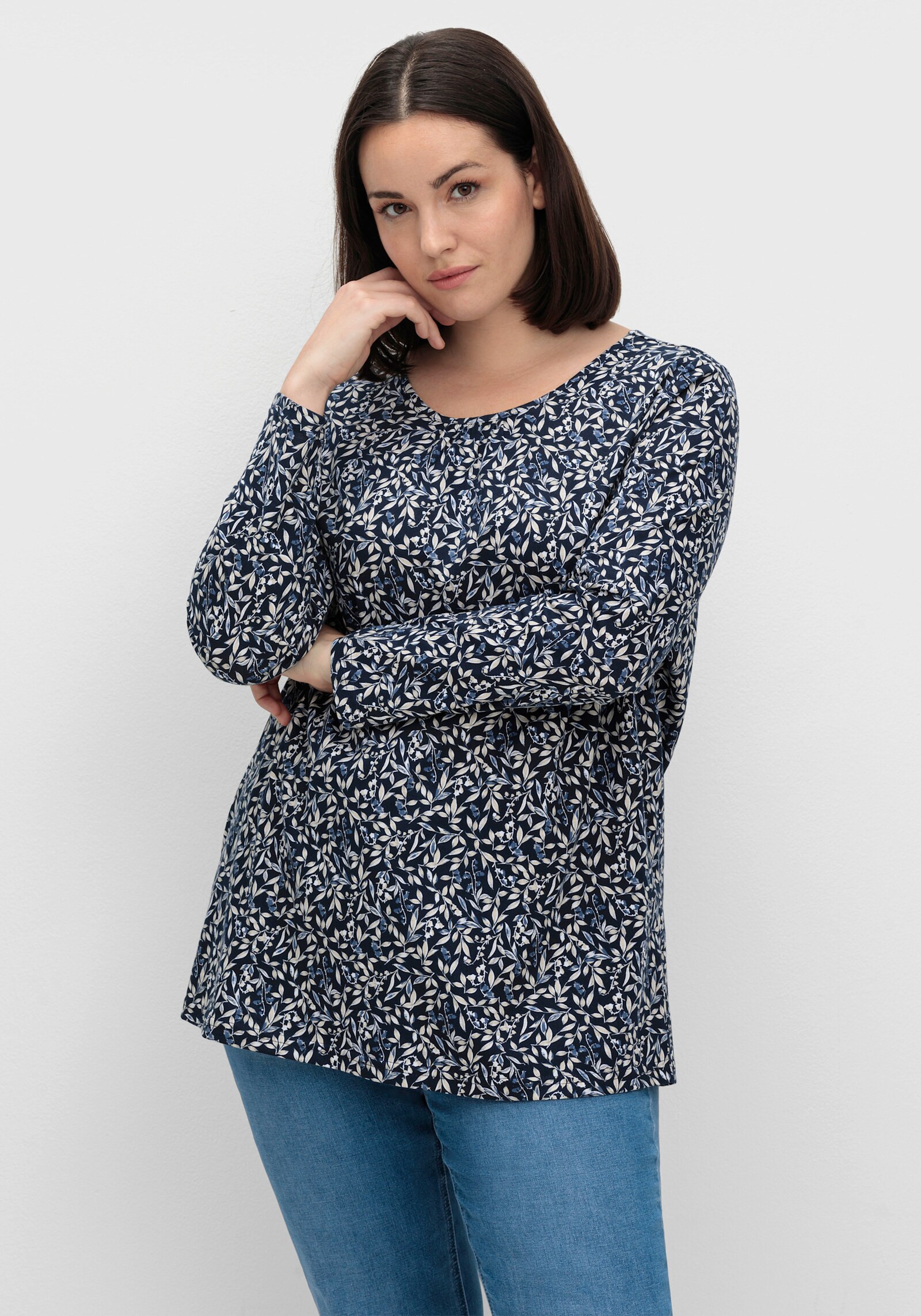Langarmshirt mit Blüten-Dessin - marine-rauchblau-bedruckt