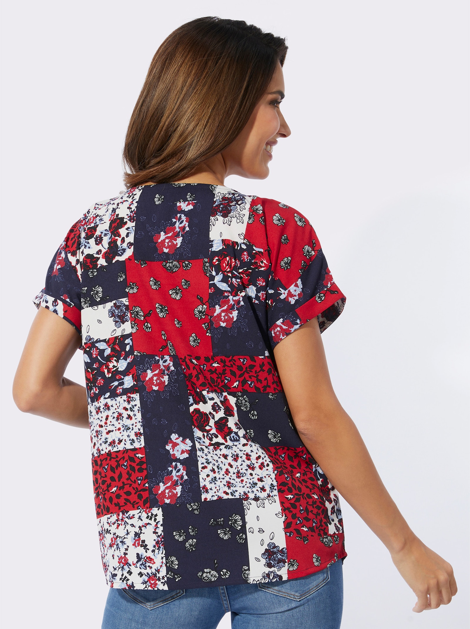 Schlupfbluse in pflegeleichter Qualität - marine-erdbeere-bedruckt