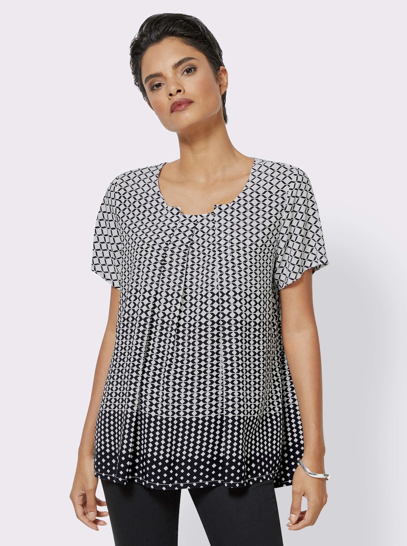 Kurzarmbluse mit Farbverlauf, reine Viskose - schwarz-weiß