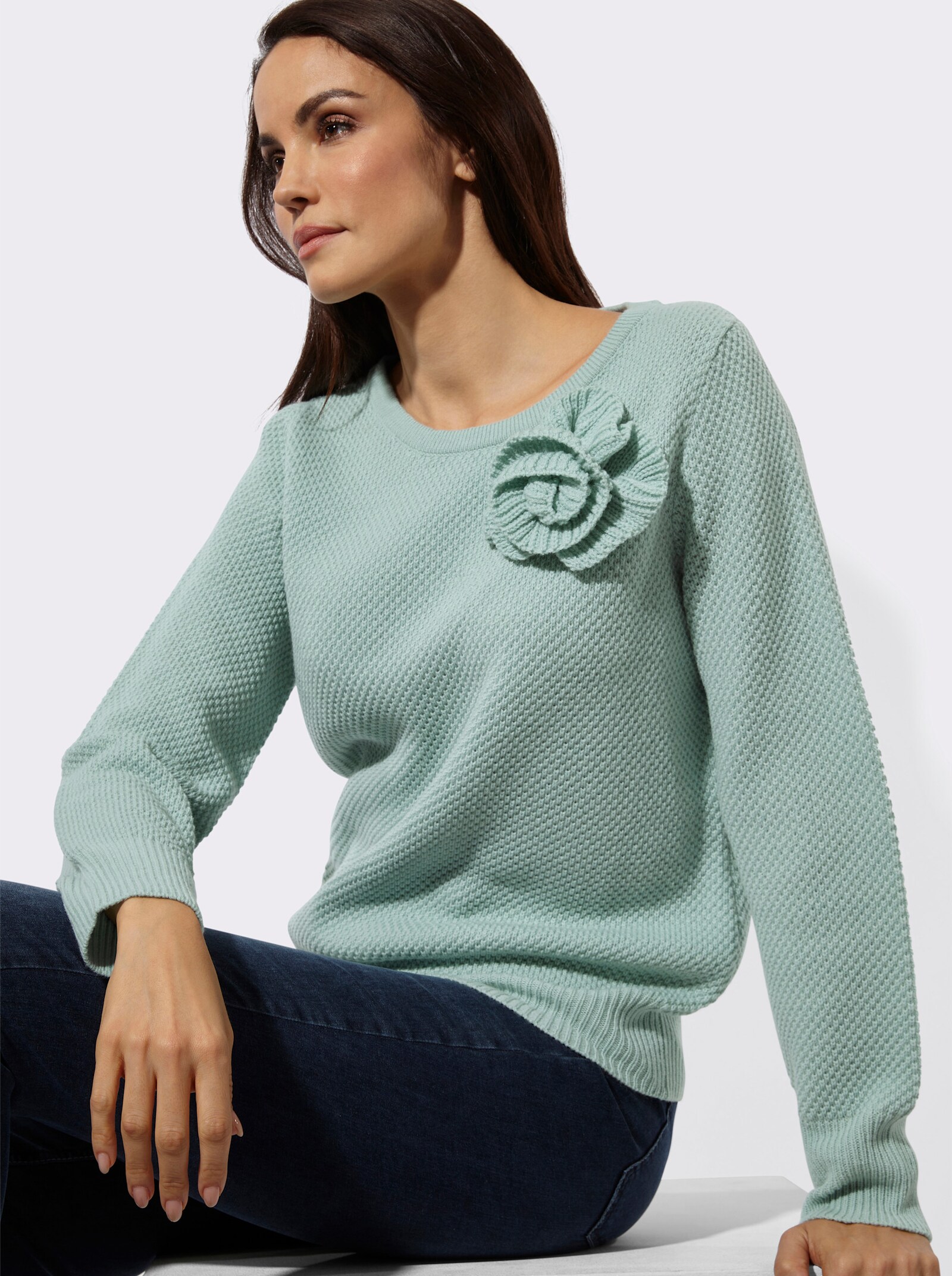 Langarm-Pullover mit Blüten-Applikation - kalkmint