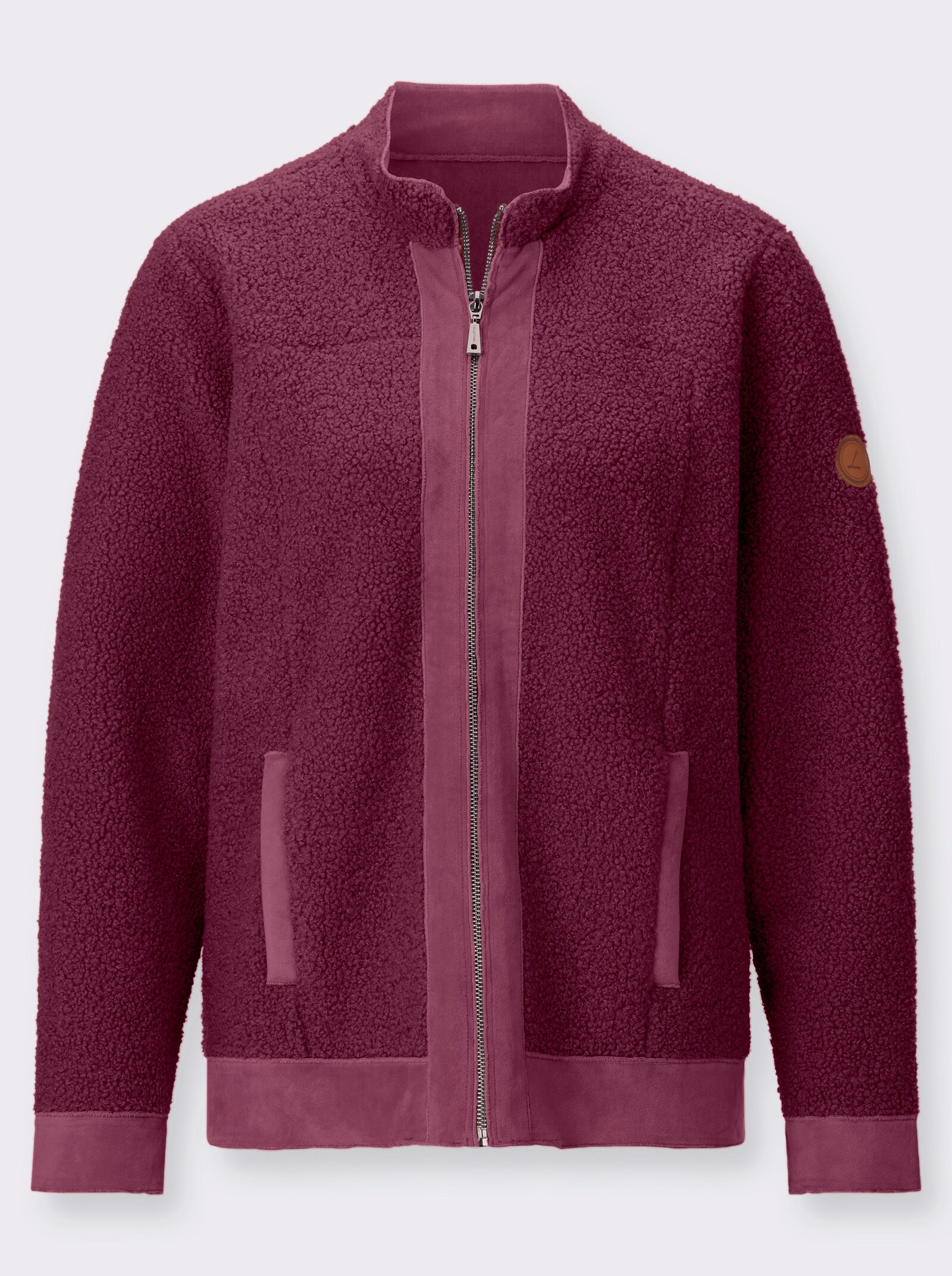Boucléjacke mit Veloursleder-Opik - bordeaux