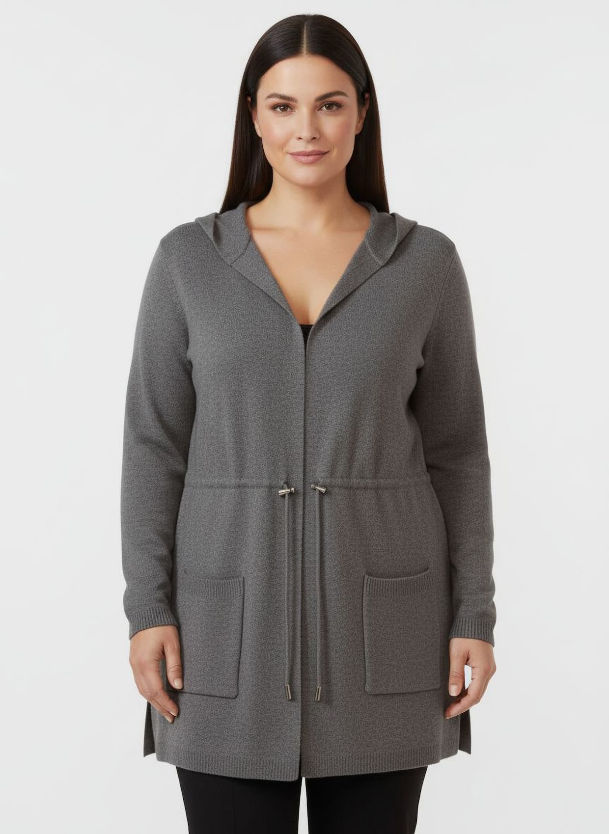 Kapuzenstrickjacke mit Tunnelzug in der Taille - anthrazit-meliert