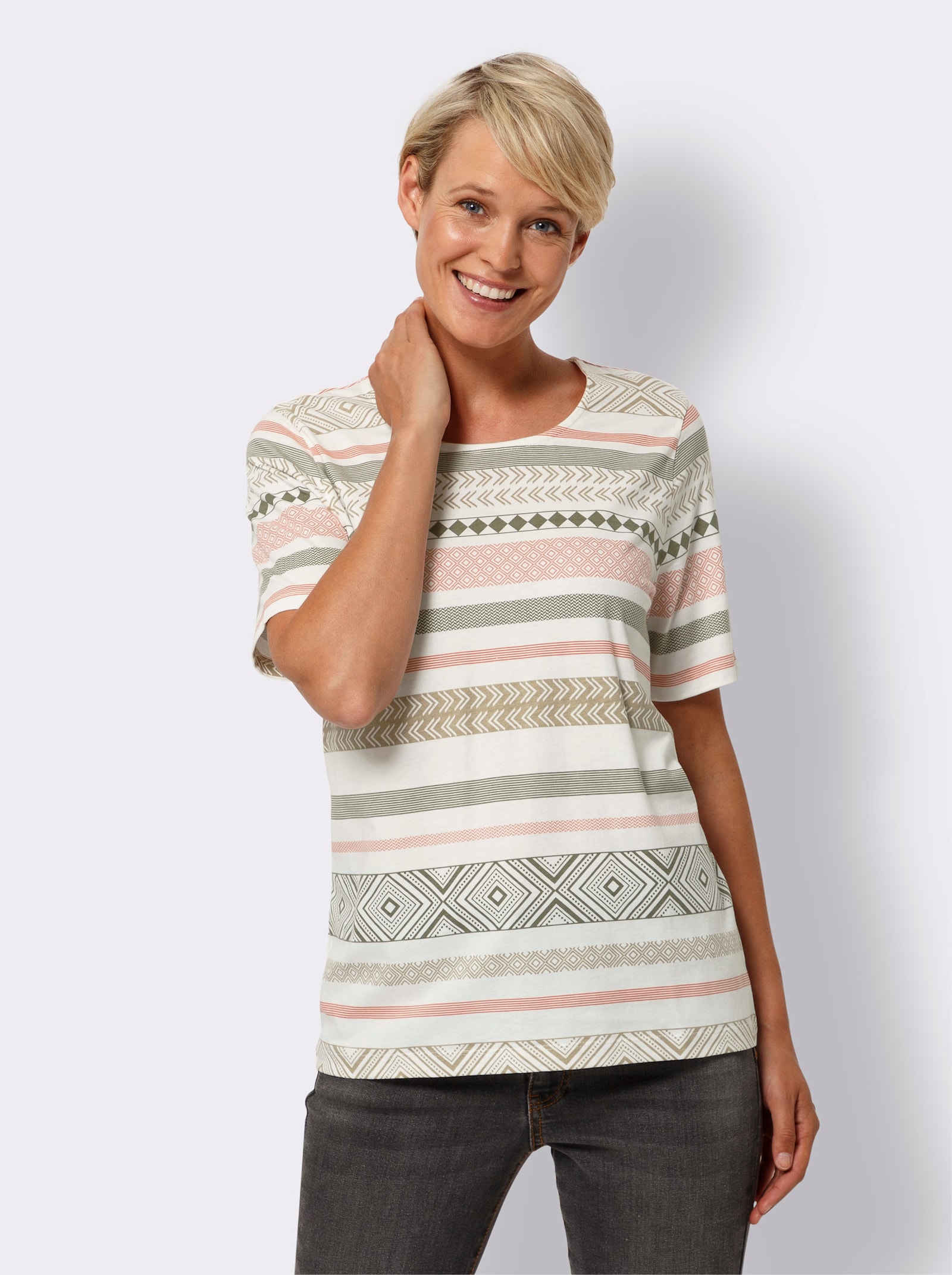 Shirt met korte mouwen en etno-streeppatroon - ecru/kaki geprint