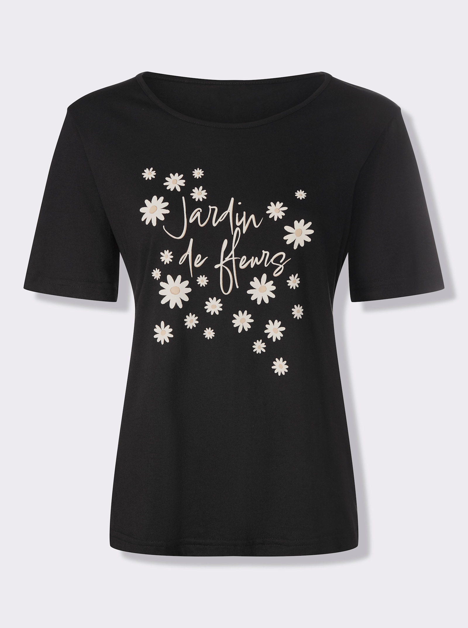 Kurzarmshirt mit Blüten und Schriftzug - schwarz-ecru