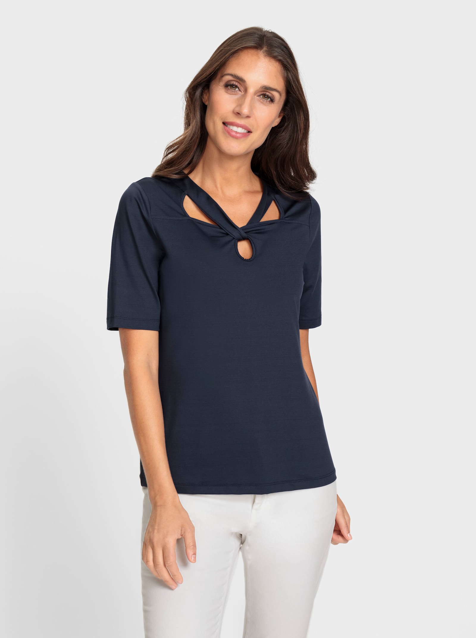 heine Kurzarmshirt mit Cut-outs am Ausschnitt - marine